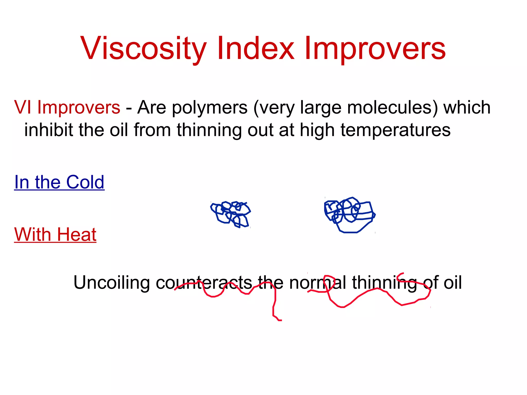 VI Improvers - Are polymers (very large molecules) which
inhibit the oil from thinning out at high temperatures
In the Cold
With Heat
Uncoiling counteracts the normal thinning of oil
Viscosity Index Improvers
 