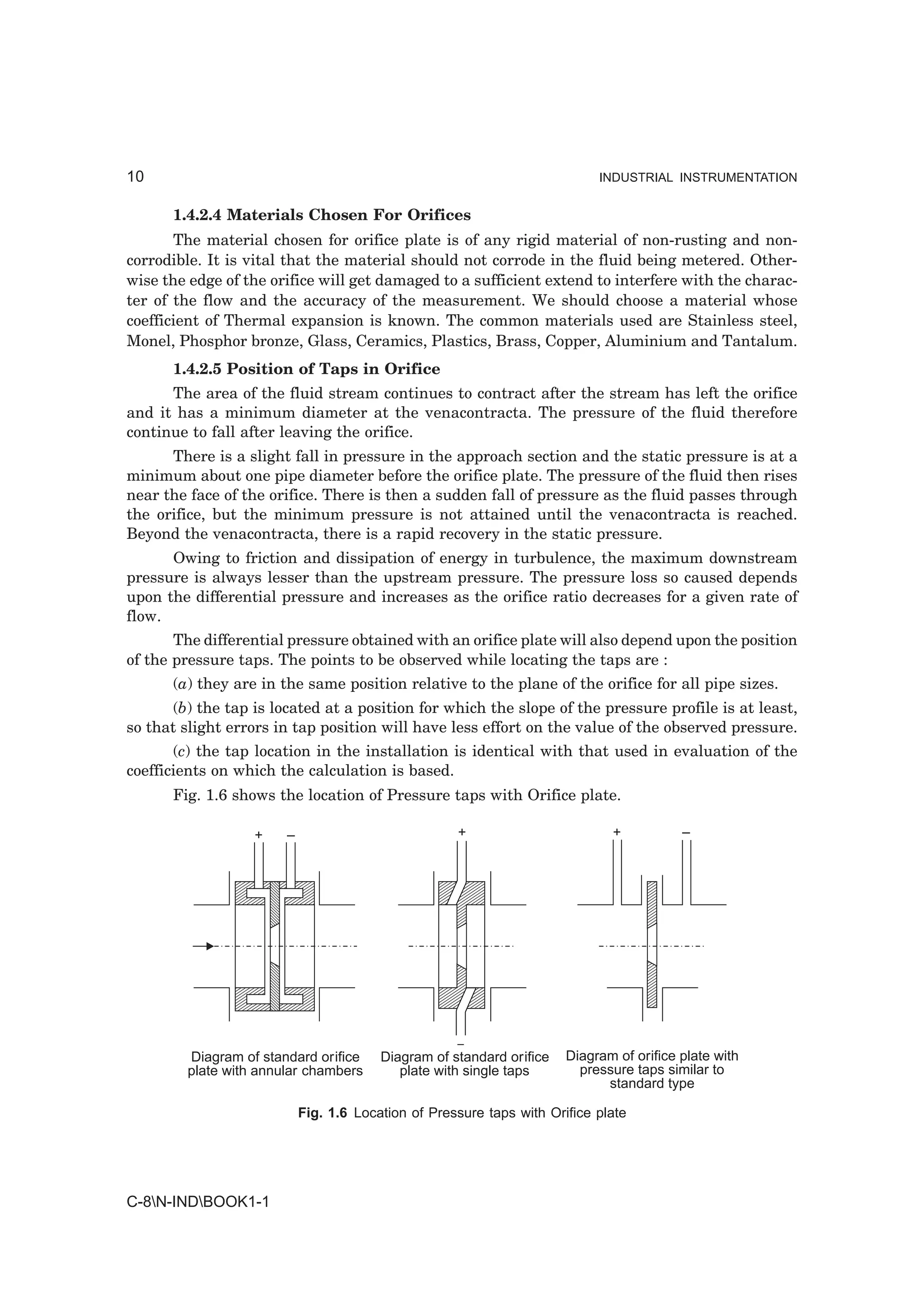 10                                                                          INDUSTRIAL INSTRUMENTATION


      1.4.2.4 Materials Chosen For Orifices
       The material chosen for orifice plate is of any rigid material of non-rusting and non-
corrodible. It is vital that the material should not corrode in the fluid being metered. Other-
wise the edge of the orifice will get damaged to a sufficient extend to interfere with the charac-
ter of the flow and the accuracy of the measurement. We should choose a material whose
coefficient of Thermal expansion is known. The common materials used are Stainless steel,
Monel, Phosphor bronze, Glass, Ceramics, Plastics, Brass, Copper, Aluminium and Tantalum.
      1.4.2.5 Position of Taps in Orifice
      The area of the fluid stream continues to contract after the stream has left the orifice
and it has a minimum diameter at the venacontracta. The pressure of the fluid therefore
continue to fall after leaving the orifice.
      There is a slight fall in pressure in the approach section and the static pressure is at a
minimum about one pipe diameter before the orifice plate. The pressure of the fluid then rises
near the face of the orifice. There is then a sudden fall of pressure as the fluid passes through
the orifice, but the minimum pressure is not attained until the venacontracta is reached.
Beyond the venacontracta, there is a rapid recovery in the static pressure.
      Owing to friction and dissipation of energy in turbulence, the maximum downstream
pressure is always lesser than the upstream pressure. The pressure loss so caused depends
upon the differential pressure and increases as the orifice ratio decreases for a given rate of
flow.
       The differential pressure obtained with an orifice plate will also depend upon the position
of the pressure taps. The points to be observed while locating the taps are :
      (a) they are in the same position relative to the plane of the orifice for all pipe sizes.
       (b) the tap is located at a position for which the slope of the pressure profile is at least,
so that slight errors in tap position will have less effort on the value of the observed pressure.
       (c) the tap location in the installation is identical with that used in evaluation of the
coefficients on which the calculation is based.
      Fig. 1.6 shows the location of Pressure taps with Orifice plate.

                   +    –                            +                        +           –




                                                     –
         Diagram of standard orifice     Diagram of standard orifice   Diagram of orifice plate with
         plate with annular chambers        plate with single taps       pressure taps similar to
                                                                             standard type

                            Fig. 1.6 Location of Pressure taps with Orifice plate




C-8N-INDBOOK1-1
 