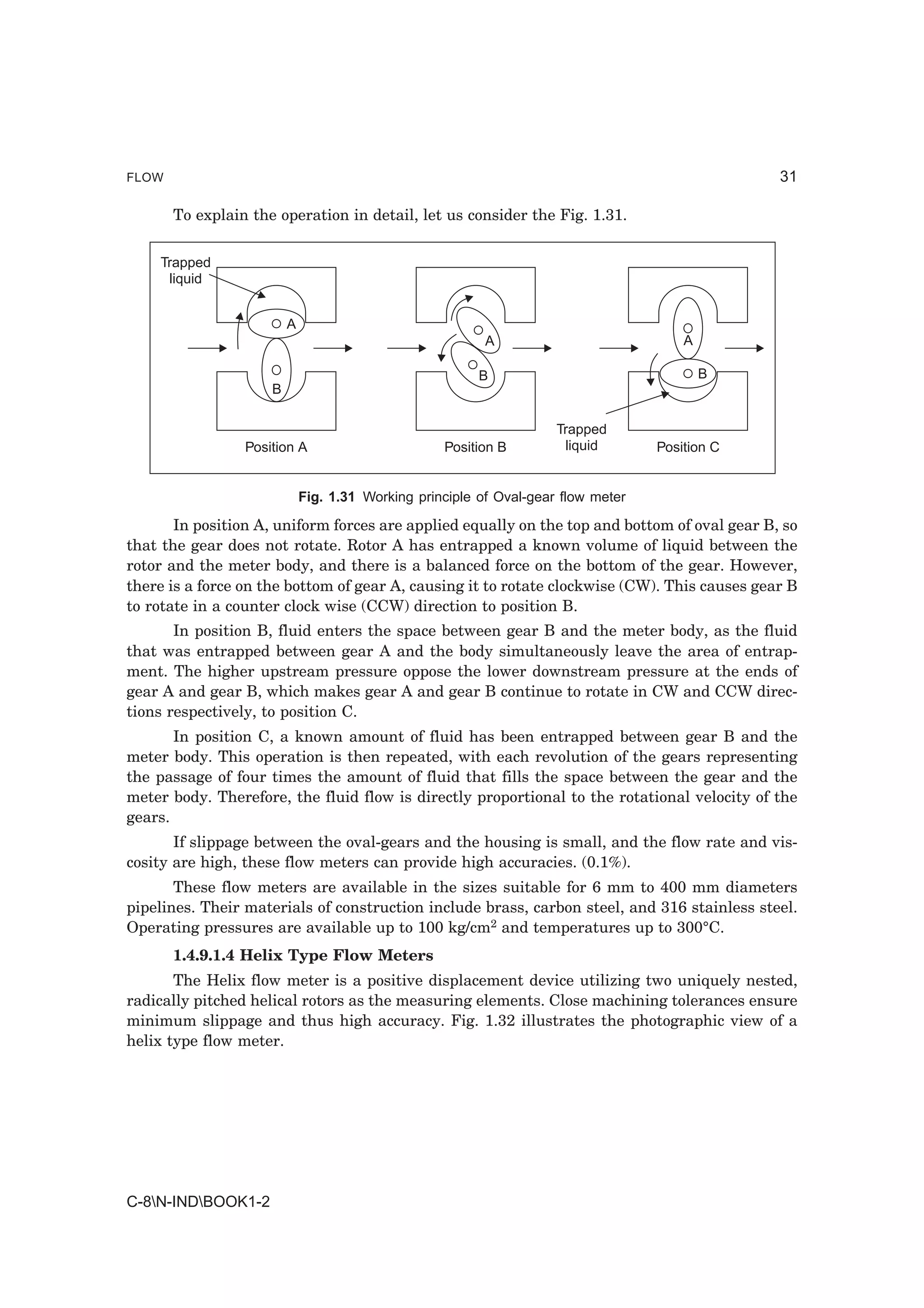 FLOW                                                                                            31

       To explain the operation in detail, let us consider the Fig. 1.31.


    Trapped
     liquid


                         A
                                                          A                            A

                                                         B                                 B
                     B

                                                                     Trapped
                 Position A                        Position B         liquid       Position C


                             Fig. 1.31 Working principle of Oval-gear flow meter

       In position A, uniform forces are applied equally on the top and bottom of oval gear B, so
that the gear does not rotate. Rotor A has entrapped a known volume of liquid between the
rotor and the meter body, and there is a balanced force on the bottom of the gear. However,
there is a force on the bottom of gear A, causing it to rotate clockwise (CW). This causes gear B
to rotate in a counter clock wise (CCW) direction to position B.
       In position B, fluid enters the space between gear B and the meter body, as the fluid
that was entrapped between gear A and the body simultaneously leave the area of entrap-
ment. The higher upstream pressure oppose the lower downstream pressure at the ends of
gear A and gear B, which makes gear A and gear B continue to rotate in CW and CCW direc-
tions respectively, to position C.
       In position C, a known amount of fluid has been entrapped between gear B and the
meter body. This operation is then repeated, with each revolution of the gears representing
the passage of four times the amount of fluid that fills the space between the gear and the
meter body. Therefore, the fluid flow is directly proportional to the rotational velocity of the
gears.
       If slippage between the oval-gears and the housing is small, and the flow rate and vis-
cosity are high, these flow meters can provide high accuracies. (0.1%).
       These flow meters are available in the sizes suitable for 6 mm to 400 mm diameters
pipelines. Their materials of construction include brass, carbon steel, and 316 stainless steel.
Operating pressures are available up to 100 kg/cm2 and temperatures up to 300°C.
       1.4.9.1.4 Helix Type Flow Meters
       The Helix flow meter is a positive displacement device utilizing two uniquely nested,
radically pitched helical rotors as the measuring elements. Close machining tolerances ensure
minimum slippage and thus high accuracy. Fig. 1.32 illustrates the photographic view of a
helix type flow meter.




C-8N-INDBOOK1-2
 