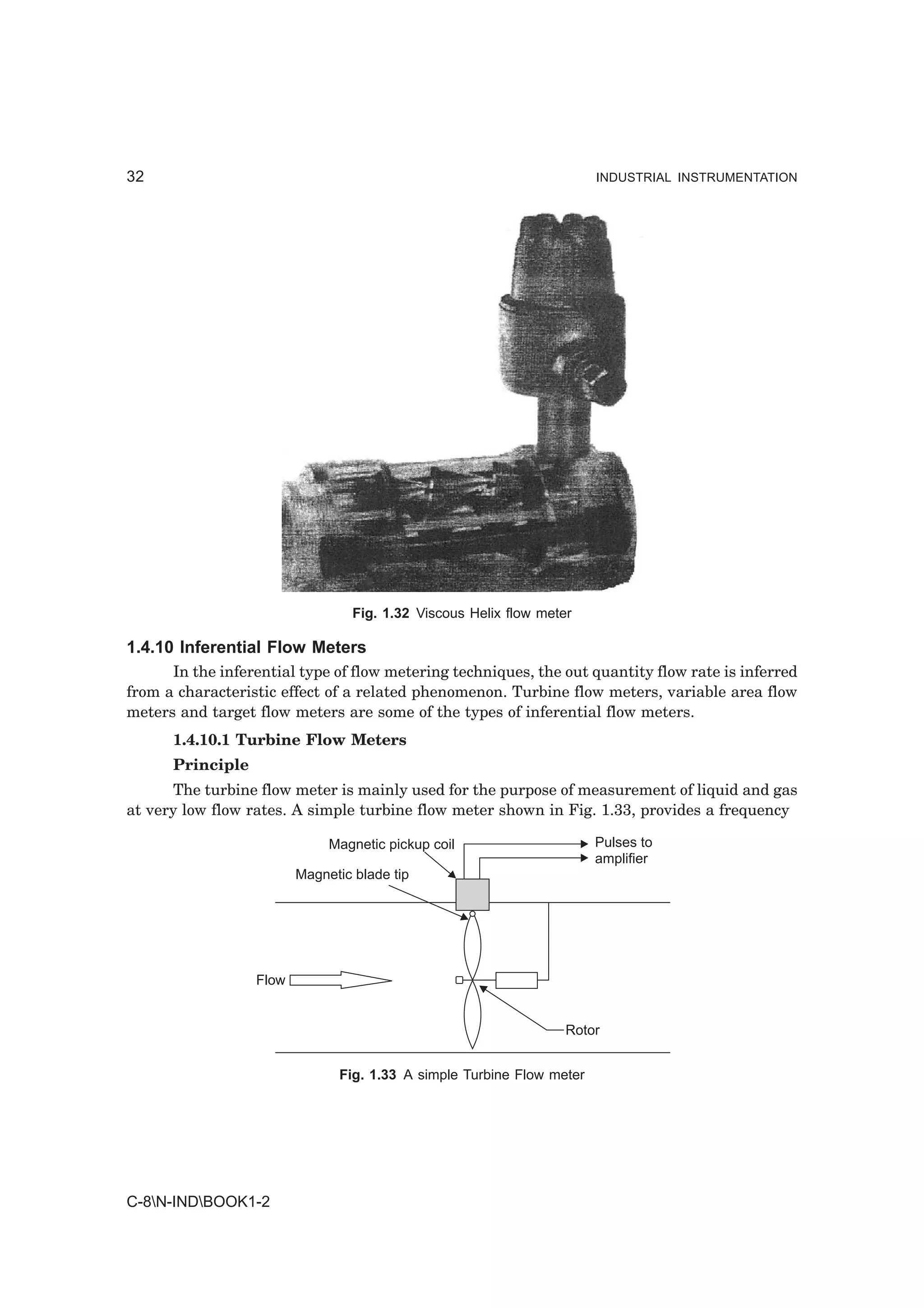 32                                                                     INDUSTRIAL INSTRUMENTATION




                                  Fig. 1.32 Viscous Helix flow meter

1.4.10 Inferential Flow Meters
      In the inferential type of flow metering techniques, the out quantity flow rate is inferred
from a characteristic effect of a related phenomenon. Turbine flow meters, variable area flow
meters and target flow meters are some of the types of inferential flow meters.
      1.4.10.1 Turbine Flow Meters
      Principle
       The turbine flow meter is mainly used for the purpose of measurement of liquid and gas
at very low flow rates. A simple turbine flow meter shown in Fig. 1.33, provides a frequency

                              Magnetic pickup coil                     Pulses to
                                                                       amplifier
                         Magnetic blade tip




                  Flow


                                                                   Rotor


                               Fig. 1.33 A simple Turbine Flow meter




C-8N-INDBOOK1-2
 