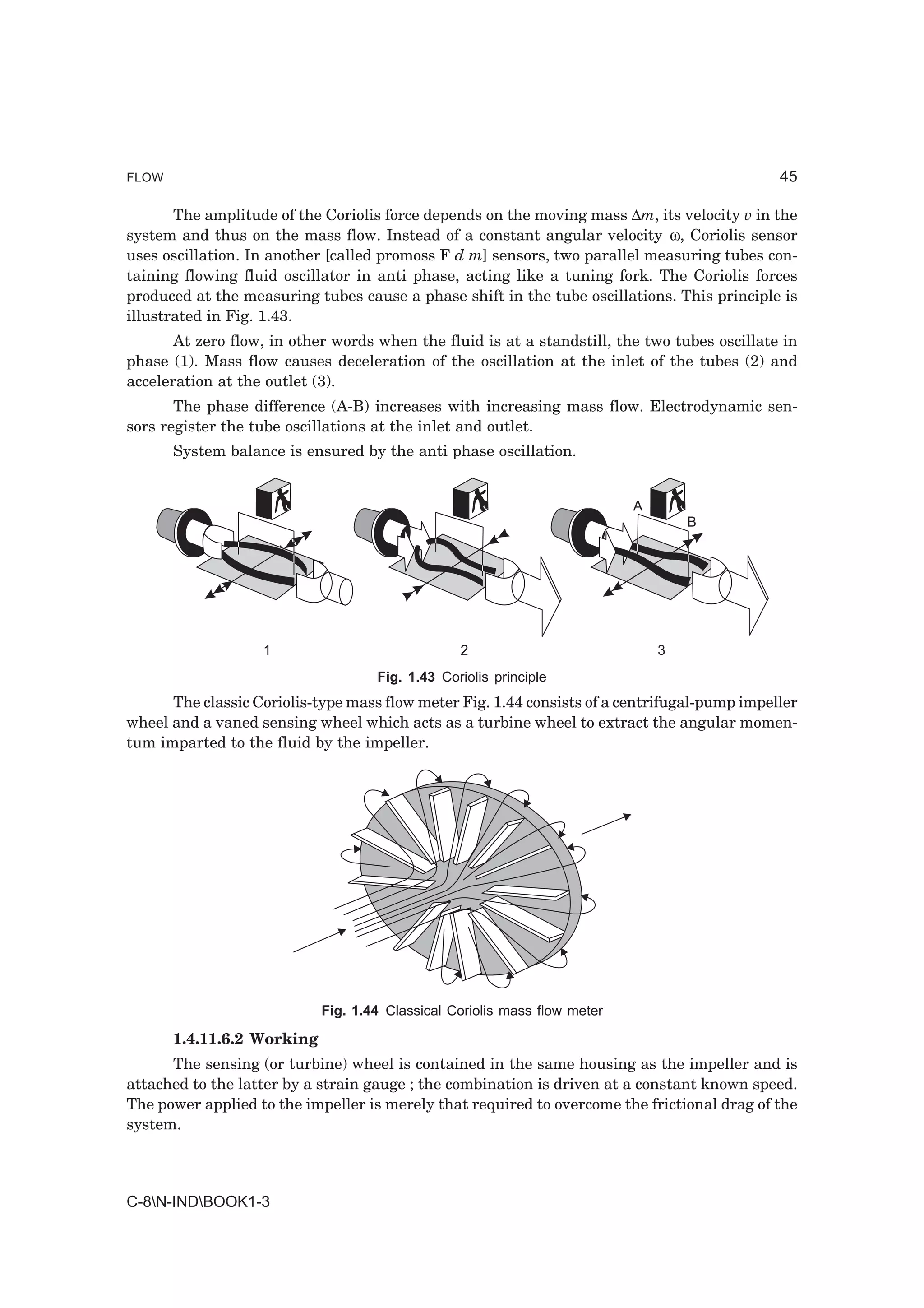 FLOW                                                                                          45

       The amplitude of the Coriolis force depends on the moving mass ∆m, its velocity v in the
system and thus on the mass flow. Instead of a constant angular velocity ω, Coriolis sensor
uses oscillation. In another [called promoss F d m] sensors, two parallel measuring tubes con-
taining flowing fluid oscillator in anti phase, acting like a tuning fork. The Coriolis forces
produced at the measuring tubes cause a phase shift in the tube oscillations. This principle is
illustrated in Fig. 1.43.
       At zero flow, in other words when the fluid is at a standstill, the two tubes oscillate in
phase (1). Mass flow causes deceleration of the oscillation at the inlet of the tubes (2) and
acceleration at the outlet (3).
       The phase difference (A-B) increases with increasing mass flow. Electrodynamic sen-
sors register the tube oscillations at the inlet and outlet.
       System balance is ensured by the anti phase oscillation.


                                                                           A
                                                                                   B




                   1                             2                             3
                                    Fig. 1.43 Coriolis principle
      The classic Coriolis-type mass flow meter Fig. 1.44 consists of a centrifugal-pump impeller
wheel and a vaned sensing wheel which acts as a turbine wheel to extract the angular momen-
tum imparted to the fluid by the impeller.




                            Fig. 1.44 Classical Coriolis mass flow meter

       1.4.11.6.2 Working
      The sensing (or turbine) wheel is contained in the same housing as the impeller and is
attached to the latter by a strain gauge ; the combination is driven at a constant known speed.
The power applied to the impeller is merely that required to overcome the frictional drag of the
system.



C-8N-INDBOOK1-3
 