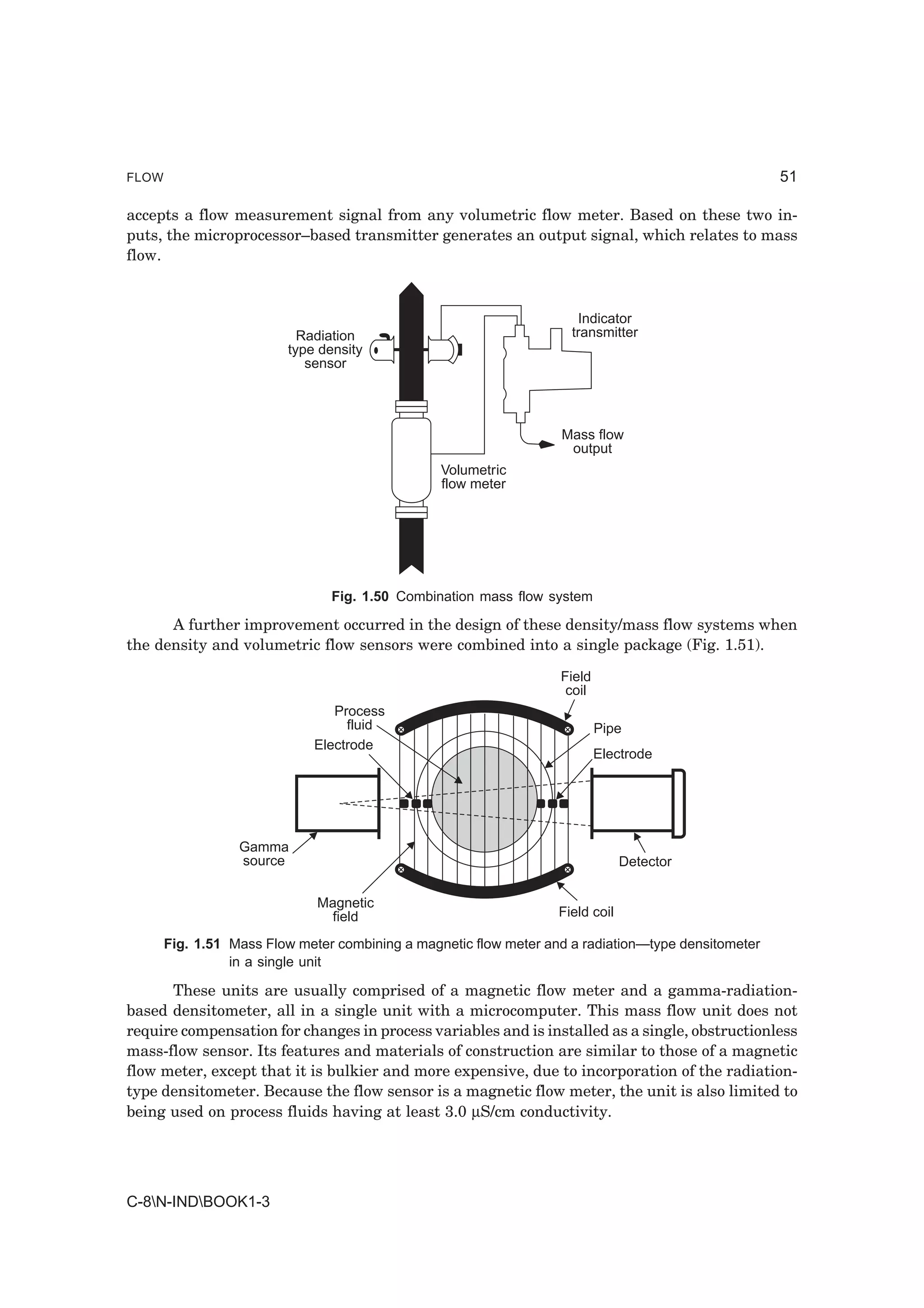 FLOW                                                                                                 51

accepts a flow measurement signal from any volumetric flow meter. Based on these two in-
puts, the microprocessor–based transmitter generates an output signal, which relates to mass
flow.



                                                                      Indicator
                           Radiation                                 transmitter
                         type density
                            sensor




                                                                   Mass flow
                                                                    output
                                                 Volumetric
                                                 flow meter




                                Fig. 1.50 Combination mass flow system

      A further improvement occurred in the design of these density/mass flow systems when
the density and volumetric flow sensors were combined into a single package (Fig. 1.51).

                                                                   Field
                                                                    coil
                                Process
                                  fluid                                    Pipe
                             Electrode
                                                                           Electrode




                  Gamma
                  source                                                        Detector

                              Magnetic
                                field                              Field coil

       Fig. 1.51 Mass Flow meter combining a magnetic flow meter and a radiation—type densitometer
                 in a single unit

      These units are usually comprised of a magnetic flow meter and a gamma-radiation-
based densitometer, all in a single unit with a microcomputer. This mass flow unit does not
require compensation for changes in process variables and is installed as a single, obstructionless
mass-flow sensor. Its features and materials of construction are similar to those of a magnetic
flow meter, except that it is bulkier and more expensive, due to incorporation of the radiation-
type densitometer. Because the flow sensor is a magnetic flow meter, the unit is also limited to
being used on process fluids having at least 3.0 µS/cm conductivity.




C-8N-INDBOOK1-3
 