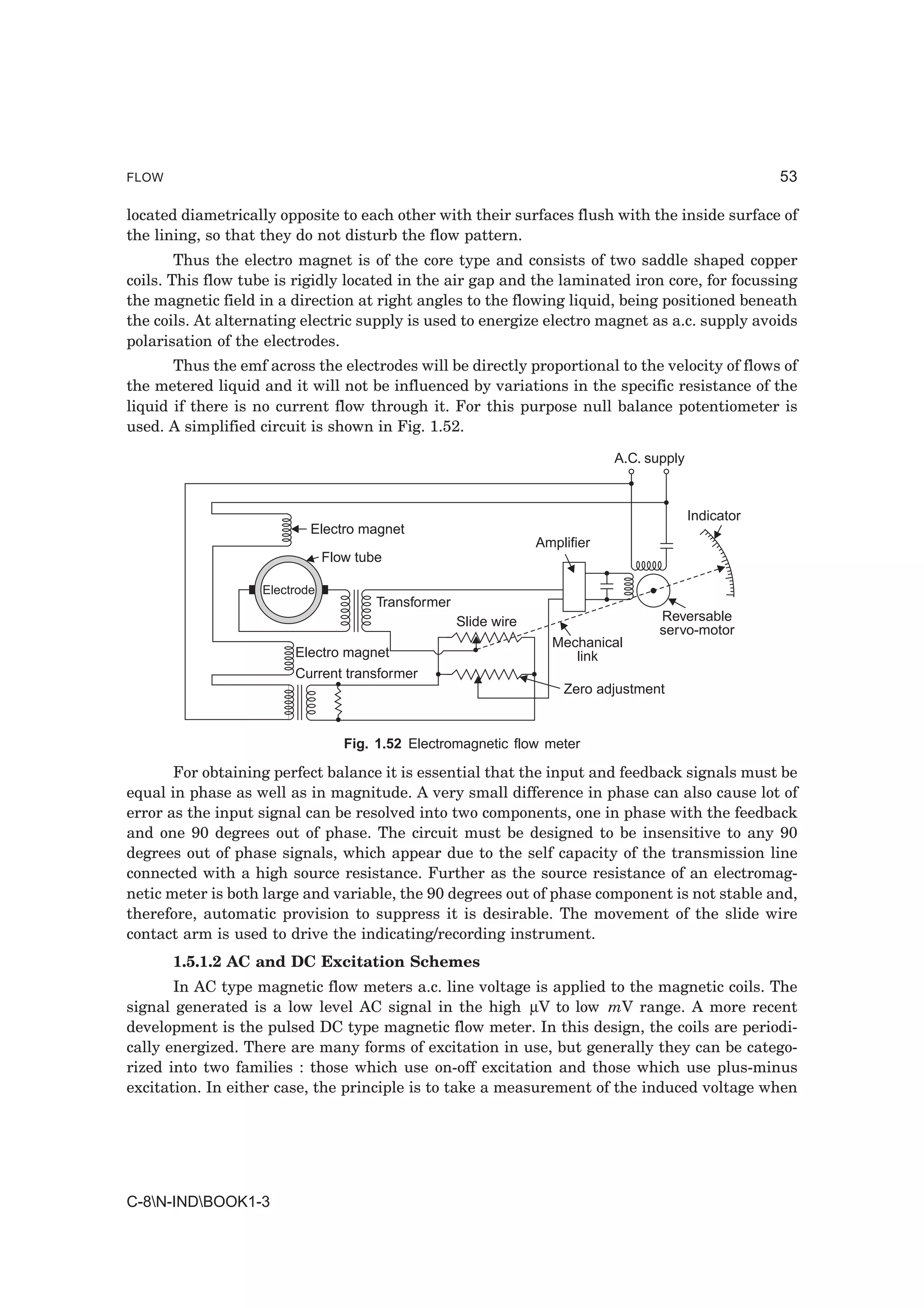 FLOW                                                                                                     53

located diametrically opposite to each other with their surfaces flush with the inside surface of
the lining, so that they do not disturb the flow pattern.
        Thus the electro magnet is of the core type and consists of two saddle shaped copper
coils. This flow tube is rigidly located in the air gap and the laminated iron core, for focussing
the magnetic field in a direction at right angles to the flowing liquid, being positioned beneath
the coils. At alternating electric supply is used to energize electro magnet as a.c. supply avoids
polarisation of the electrodes.
       Thus the emf across the electrodes will be directly proportional to the velocity of flows of
the metered liquid and it will not be influenced by variations in the specific resistance of the
liquid if there is no current flow through it. For this purpose null balance potentiometer is
used. A simplified circuit is shown in Fig. 1.52.

                                                                               A.C. supply



                                                                                             Indicator
                            Electro magnet
                                                                   Amplifier
                                Flow tube

                    Electrode
                                        Transformer
                                                      Slide wire                      Reversable
                                                                                      servo-motor
                                                                     Mechanical
                         Electro magnet                                 link
                         Current transformer
                                                                       Zero adjustment


                                   Fig. 1.52 Electromagnetic flow meter

       For obtaining perfect balance it is essential that the input and feedback signals must be
equal in phase as well as in magnitude. A very small difference in phase can also cause lot of
error as the input signal can be resolved into two components, one in phase with the feedback
and one 90 degrees out of phase. The circuit must be designed to be insensitive to any 90
degrees out of phase signals, which appear due to the self capacity of the transmission line
connected with a high source resistance. Further as the source resistance of an electromag-
netic meter is both large and variable, the 90 degrees out of phase component is not stable and,
therefore, automatic provision to suppress it is desirable. The movement of the slide wire
contact arm is used to drive the indicating/recording instrument.
       1.5.1.2 AC and DC Excitation Schemes
       In AC type magnetic flow meters a.c. line voltage is applied to the magnetic coils. The
signal generated is a low level AC signal in the high µV to low mV range. A more recent
development is the pulsed DC type magnetic flow meter. In this design, the coils are periodi-
cally energized. There are many forms of excitation in use, but generally they can be catego-
rized into two families : those which use on-off excitation and those which use plus-minus
excitation. In either case, the principle is to take a measurement of the induced voltage when




C-8N-INDBOOK1-3
 