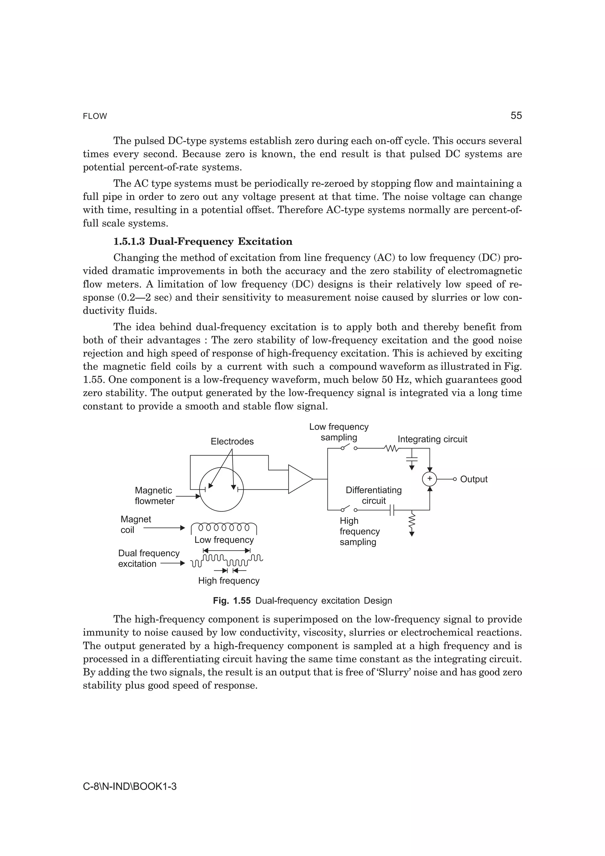 FLOW                                                                                                55

      The pulsed DC-type systems establish zero during each on-off cycle. This occurs several
times every second. Because zero is known, the end result is that pulsed DC systems are
potential percent-of-rate systems.
       The AC type systems must be periodically re-zeroed by stopping flow and maintaining a
full pipe in order to zero out any voltage present at that time. The noise voltage can change
with time, resulting in a potential offset. Therefore AC-type systems normally are percent-of-
full scale systems.
       1.5.1.3 Dual-Frequency Excitation
      Changing the method of excitation from line frequency (AC) to low frequency (DC) pro-
vided dramatic improvements in both the accuracy and the zero stability of electromagnetic
flow meters. A limitation of low frequency (DC) designs is their relatively low speed of re-
sponse (0.2—2 sec) and their sensitivity to measurement noise caused by slurries or low con-
ductivity fluids.
       The idea behind dual-frequency excitation is to apply both and thereby benefit from
both of their advantages : The zero stability of low-frequency excitation and the good noise
rejection and high speed of response of high-frequency excitation. This is achieved by exciting
the magnetic field coils by a current with such a compound waveform as illustrated in Fig.
1.55. One component is a low-frequency waveform, much below 50 Hz, which guarantees good
zero stability. The output generated by the low-frequency signal is integrated via a long time
constant to provide a smooth and stable flow signal.
                                                   Low frequency
                            Electrodes               sampling             Integrating circuit



                                                                                  +        Output
           Magnetic                                         Differentiating
           flowmeter                                             circuit

        Magnet                                            High
        coil                                              frequency
                         Low frequency                    sampling
       Dual frequency
       excitation
                         High frequency

                             Fig. 1.55 Dual-frequency excitation Design

       The high-frequency component is superimposed on the low-frequency signal to provide
immunity to noise caused by low conductivity, viscosity, slurries or electrochemical reactions.
The output generated by a high-frequency component is sampled at a high frequency and is
processed in a differentiating circuit having the same time constant as the integrating circuit.
By adding the two signals, the result is an output that is free of ‘Slurry’ noise and has good zero
stability plus good speed of response.




C-8N-INDBOOK1-3
 