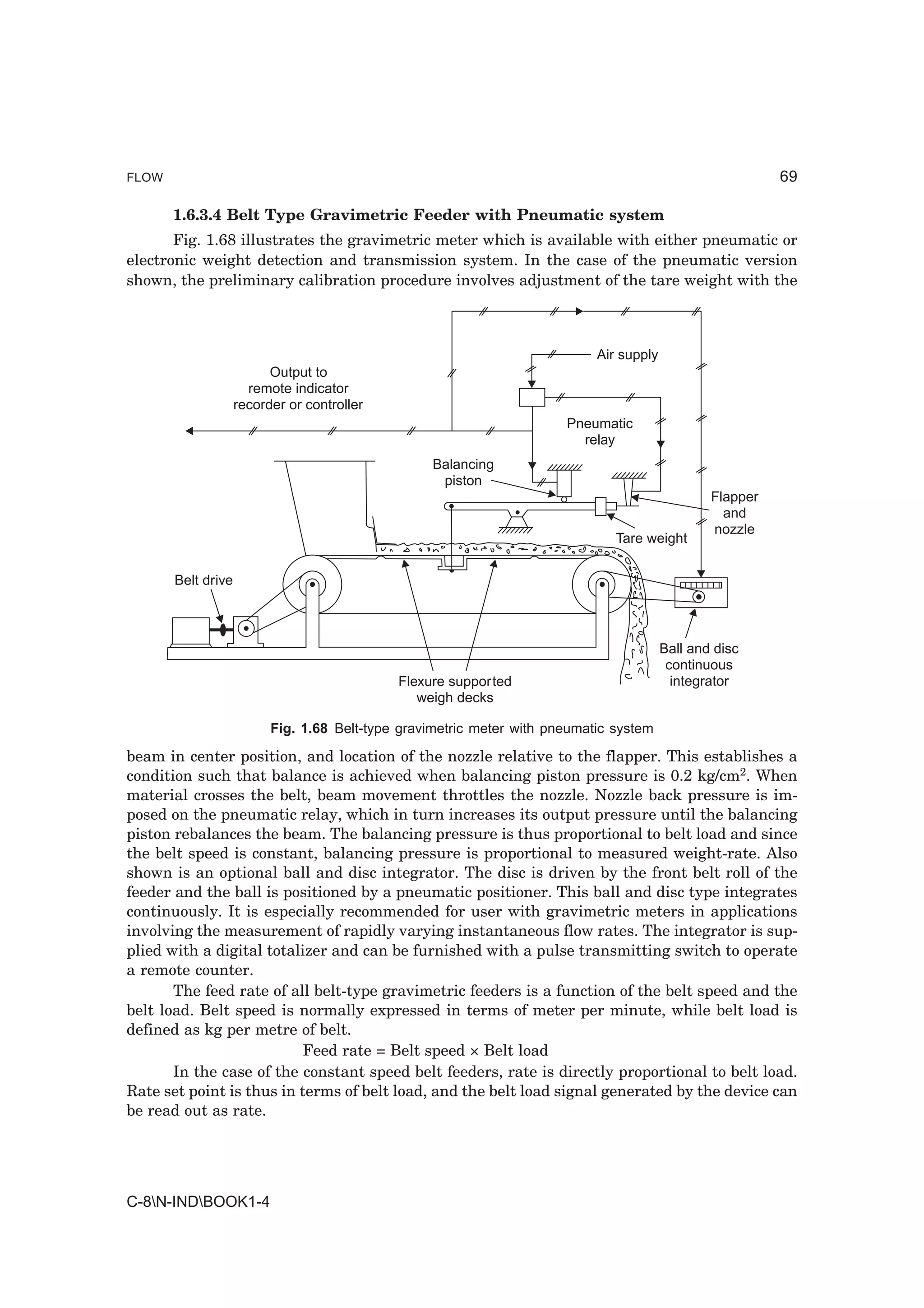 FLOW                                                                                                       69

       1.6.3.4 Belt Type Gravimetric Feeder with Pneumatic system
       Fig. 1.68 illustrates the gravimetric meter which is available with either pneumatic or
electronic weight detection and transmission system. In the case of the pneumatic version
shown, the preliminary calibration procedure involves adjustment of the tare weight with the



                                                                            Air supply
                          Output to
                      remote indicator
                    recorder or controller
                                                                       Pneumatic
                                                                         relay
                                                  Balancing
                                                   piston
                                                                                                 Flapper
                                                                                                   and
                                                                                                 nozzle
                                                                               Tare weight

       Belt drive



                                                                                         Ball and disc
                                                                                          continuous
                                             Flexure supported                             integrator
                                                weigh decks

                          Fig. 1.68 Belt-type gravimetric meter with pneumatic system

beam in center position, and location of the nozzle relative to the flapper. This establishes a
condition such that balance is achieved when balancing piston pressure is 0.2 kg/cm2. When
material crosses the belt, beam movement throttles the nozzle. Nozzle back pressure is im-
posed on the pneumatic relay, which in turn increases its output pressure until the balancing
piston rebalances the beam. The balancing pressure is thus proportional to belt load and since
the belt speed is constant, balancing pressure is proportional to measured weight-rate. Also
shown is an optional ball and disc integrator. The disc is driven by the front belt roll of the
feeder and the ball is positioned by a pneumatic positioner. This ball and disc type integrates
continuously. It is especially recommended for user with gravimetric meters in applications
involving the measurement of rapidly varying instantaneous flow rates. The integrator is sup-
plied with a digital totalizer and can be furnished with a pulse transmitting switch to operate
a remote counter.
       The feed rate of all belt-type gravimetric feeders is a function of the belt speed and the
belt load. Belt speed is normally expressed in terms of meter per minute, while belt load is
defined as kg per metre of belt.
                           Feed rate = Belt speed × Belt load
       In the case of the constant speed belt feeders, rate is directly proportional to belt load.
Rate set point is thus in terms of belt load, and the belt load signal generated by the device can
be read out as rate.




C-8N-INDBOOK1-4
 