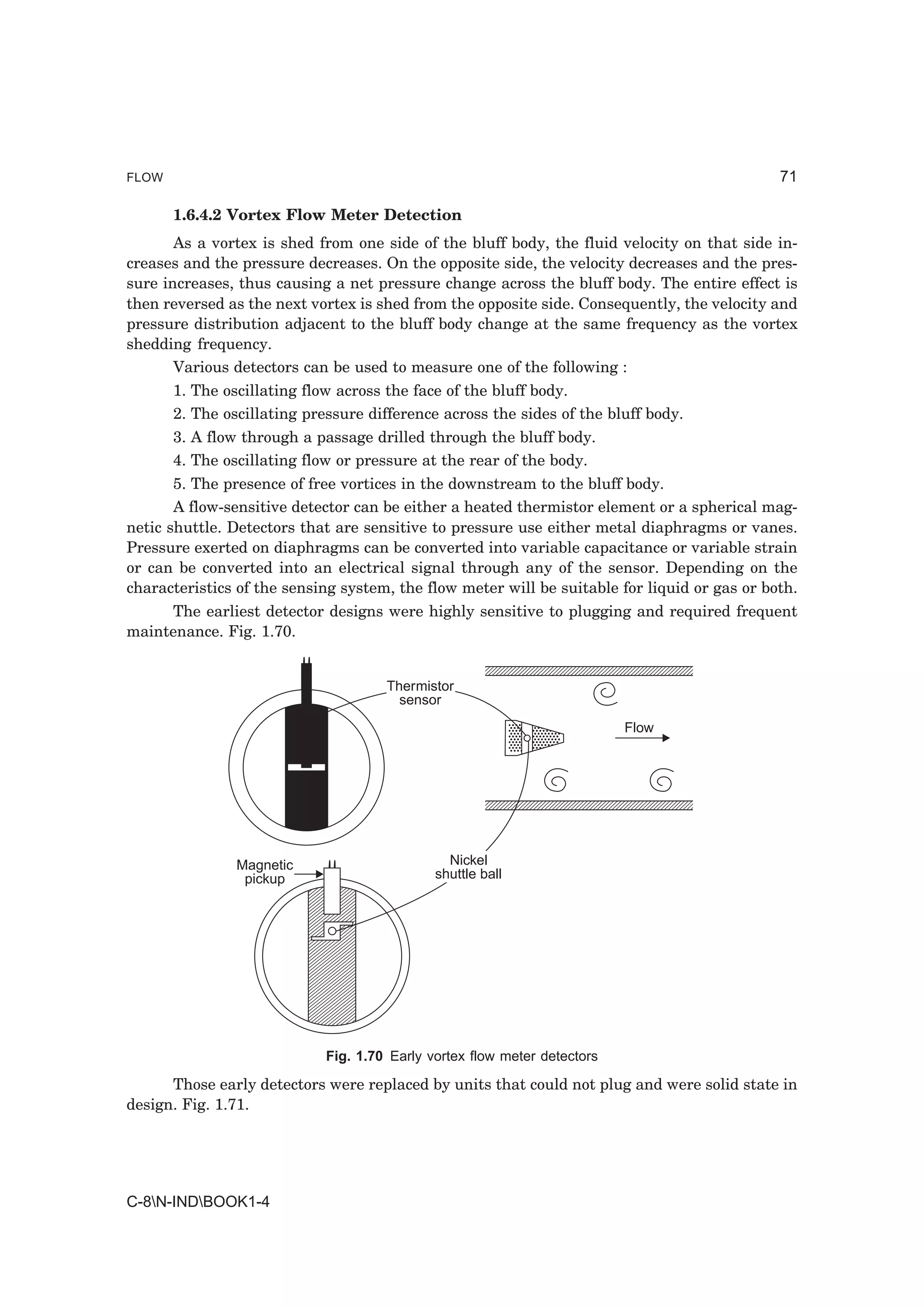 FLOW                                                                                          71

       1.6.4.2 Vortex Flow Meter Detection
       As a vortex is shed from one side of the bluff body, the fluid velocity on that side in-
creases and the pressure decreases. On the opposite side, the velocity decreases and the pres-
sure increases, thus causing a net pressure change across the bluff body. The entire effect is
then reversed as the next vortex is shed from the opposite side. Consequently, the velocity and
pressure distribution adjacent to the bluff body change at the same frequency as the vortex
shedding frequency.
       Various detectors can be used to measure one of the following :
       1. The oscillating flow across the face of the bluff body.
       2. The oscillating pressure difference across the sides of the bluff body.
       3. A flow through a passage drilled through the bluff body.
       4. The oscillating flow or pressure at the rear of the body.
       5. The presence of free vortices in the downstream to the bluff body.
       A flow-sensitive detector can be either a heated thermistor element or a spherical mag-
netic shuttle. Detectors that are sensitive to pressure use either metal diaphragms or vanes.
Pressure exerted on diaphragms can be converted into variable capacitance or variable strain
or can be converted into an electrical signal through any of the sensor. Depending on the
characteristics of the sensing system, the flow meter will be suitable for liquid or gas or both.
     The earliest detector designs were highly sensitive to plugging and required frequent
maintenance. Fig. 1.70.


                                      Thermistor
                                        sensor
                                                                           Flow




                Magnetic                        Nickel
                 pickup                       shuttle ball




                             Fig. 1.70 Early vortex flow meter detectors

      Those early detectors were replaced by units that could not plug and were solid state in
design. Fig. 1.71.




C-8N-INDBOOK1-4
 