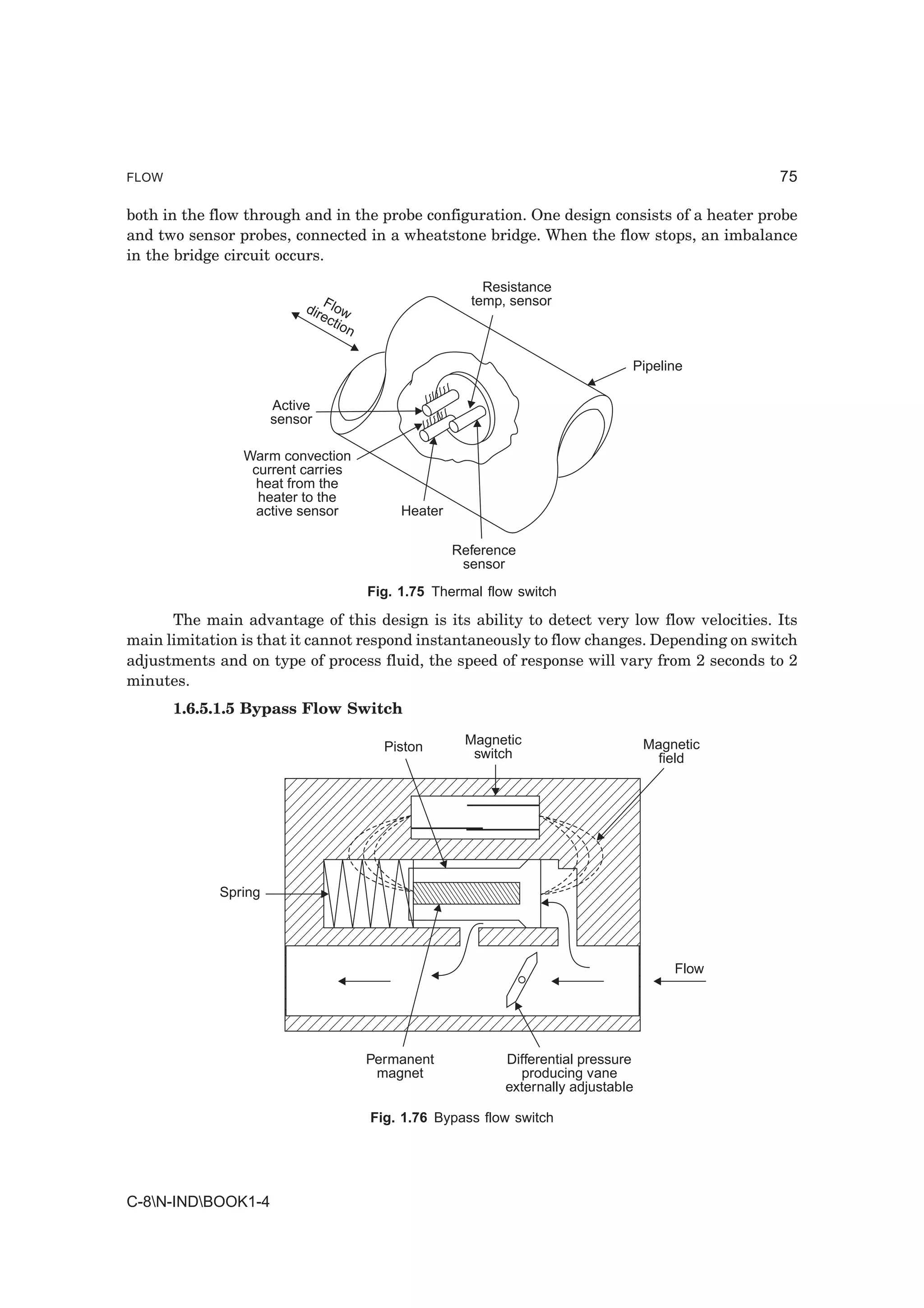 FLOW                                                                                             75

both in the flow through and in the probe configuration. One design consists of a heater probe
and two sensor probes, connected in a wheatstone bridge. When the flow stops, an imbalance
in the bridge circuit occurs.

                                                           Resistance
                           dir Flow                      temp, sensor
                              ec
                                 tio
                                     n

                                                                                  Pipeline

                      Active
                      sensor

                Warm convection
                 current carries
                  heat from the
                  heater to the
                  active sensor               Heater

                                                       Reference
                                                        sensor
                                         Fig. 1.75 Thermal flow switch

      The main advantage of this design is its ability to detect very low flow velocities. Its
main limitation is that it cannot respond instantaneously to flow changes. Depending on switch
adjustments and on type of process fluid, the speed of response will vary from 2 seconds to 2
minutes.
       1.6.5.1.5 Bypass Flow Switch

                                           Piston       Magnetic                      Magnetic
                                                         switch                         field




             Spring




                                                                                          Flow




                                         Permanent            Differential pressure
                                          magnet                producing vane
                                                              externally adjustable

                                         Fig. 1.76 Bypass flow switch




C-8N-INDBOOK1-4
 