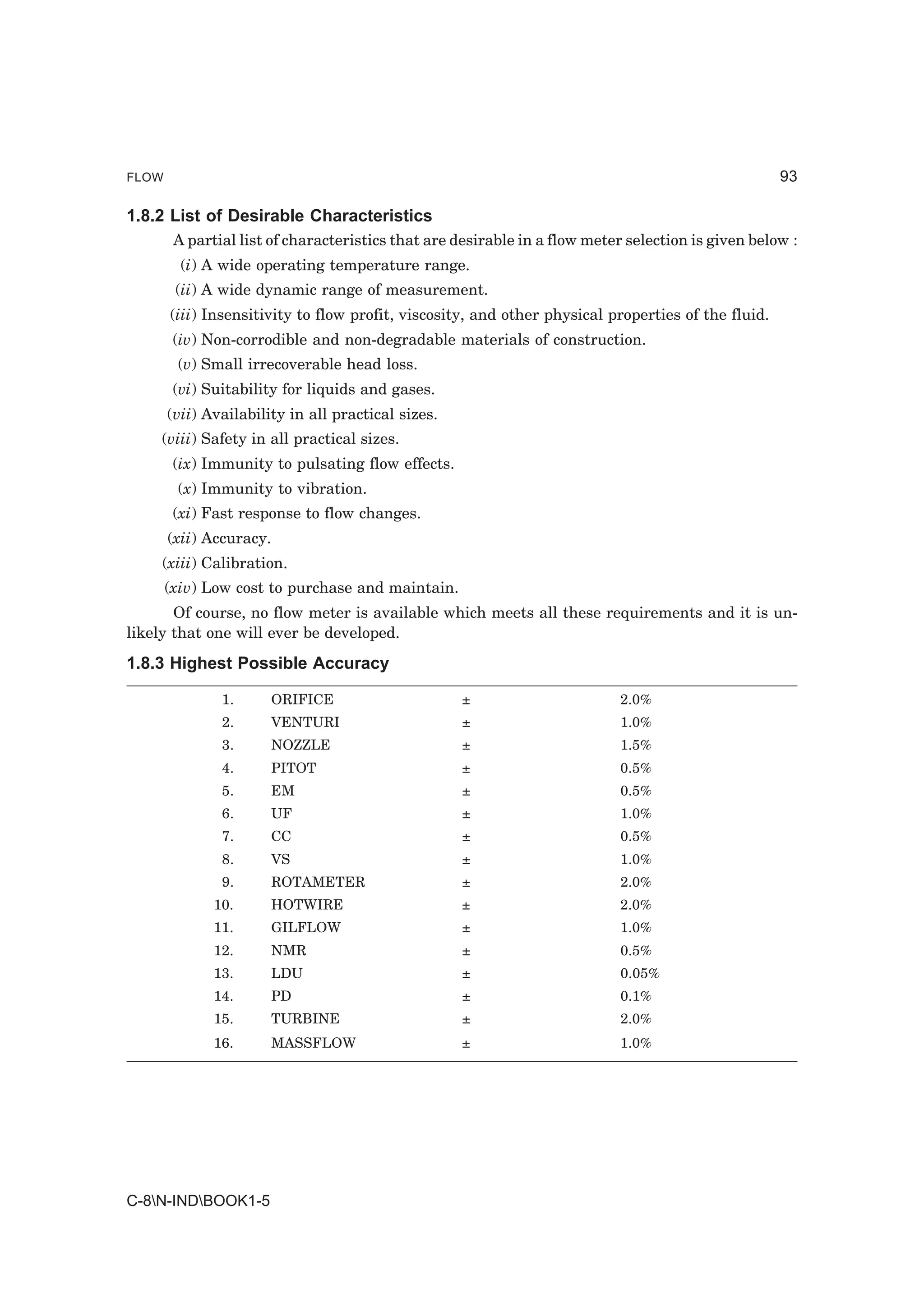 FLOW                                                                                                93

1.8.2 List of Desirable Characteristics
        A partial list of characteristics that are desirable in a flow meter selection is given below :
         (i) A wide operating temperature range.
        (ii) A wide dynamic range of measurement.
       (iii) Insensitivity to flow profit, viscosity, and other physical properties of the fluid.
        (iv) Non-corrodible and non-degradable materials of construction.
        (v) Small irrecoverable head loss.
        (vi) Suitability for liquids and gases.
       (vii) Availability in all practical sizes.
    (viii) Safety in all practical sizes.
        (ix) Immunity to pulsating flow effects.
        (x) Immunity to vibration.
        (xi) Fast response to flow changes.
       (xii) Accuracy.
    (xiii) Calibration.
       (xiv) Low cost to purchase and maintain.
       Of course, no flow meter is available which meets all these requirements and it is un-
likely that one will ever be developed.
1.8.3 Highest Possible Accuracy

               1.      ORIFICE                      ±                       2.0%
               2.      VENTURI                      ±                       1.0%
               3.      NOZZLE                       ±                       1.5%
               4.      PITOT                        ±                       0.5%
               5.      EM                           ±                       0.5%
               6.      UF                           ±                       1.0%
               7.      CC                           ±                       0.5%
               8.      VS                           ±                       1.0%
               9.      ROTAMETER                    ±                       2.0%
              10.      HOTWIRE                      ±                       2.0%
              11.      GILFLOW                      ±                       1.0%
              12.      NMR                          ±                       0.5%
              13.      LDU                          ±                       0.05%
              14.      PD                           ±                       0.1%
              15.      TURBINE                      ±                       2.0%
              16.      MASSFLOW                     ±                       1.0%




C-8N-INDBOOK1-5
 