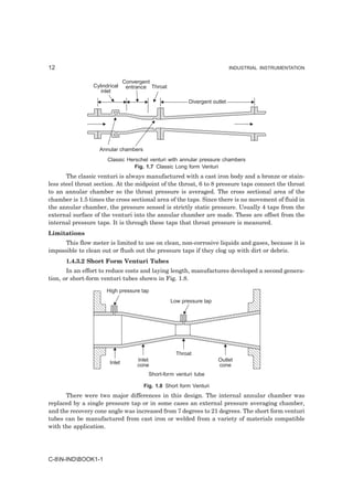 12                                                                           INDUSTRIAL INSTRUMENTATION

                                Convergent
                 Cylindrical     entrance Throat
                    inlet
                                                          Divergent outlet




                   Annular chambers
                       Classic Herschel venturi with annular pressure chambers
                                  Fig. 1.7 Classic Long form Venturi
       The classic venturi is always manufactured with a cast iron body and a bronze or stain-
less steel throat section. At the midpoint of the throat, 6 to 8 pressure taps connect the throat
to an annular chamber so the throat pressure is averaged. The cross sectional area of the
chamber is 1.5 times the cross sectional area of the taps. Since there is no movement of fluid in
the annular chamber, the pressure sensed is strictly static pressure. Usually 4 taps from the
external surface of the venturi into the annular chamber are made. These are offset from the
internal pressure taps. It is through these taps that throat pressure is measured.
Limitations
      This flow meter is limited to use on clean, non-corrosive liquids and gases, because it is
impossible to clean out or flush out the pressure taps if they clog up with dirt or debris.
      1.4.3.2 Short Form Venturi Tubes
       In an effort to reduce costs and laying length, manufactures developed a second genera-
tion, or short-form venturi tubes shown in Fig. 1.8.

                      High pressure tap
                                                   Low pressure tap




                                                     Throat
                                     Inlet                            Outlet
                        Inlet        cone                             cone
                                         Short-form venturi tube

                                       Fig. 1.8 Short form Venturi
      There were two major differences in this design. The internal annular chamber was
replaced by a single pressure tap or in some cases an external pressure averaging chamber,
and the recovery cone angle was increased from 7 degrees to 21 degrees. The short form venturi
tubes can be manufactured from cast iron or welded from a variety of materials compatible
with the application.




C-8N-INDBOOK1-1
 