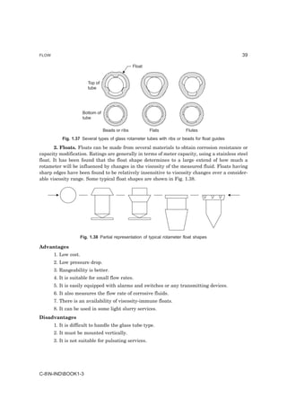 FLOW                                                                                              39

                                                   Float


                         Top of
                         tube




                       Bottom of
                       tube

                                   Beads or ribs           Flats             Flutes
           Fig. 1.37 Several types of glass rotameter tubes with ribs or beads for float guides

       2. Floats. Floats can be made from several materials to obtain corrosion resistance or
capacity modification. Ratings are generally in terms of meter capacity, using a stainless steel
float. It has been found that the float shape determines to a large extend of how much a
rotameter will be influenced by changes in the viscosity of the measured fluid. Floats having
sharp edges have been found to be relatively insensitive to viscosity changes over a consider-
able viscosity range. Some typical float shapes are shown in Fig. 1.38.




                      Fig. 1.38 Partial representation of typical rotameter float shapes

Advantages
       1. Low cost.
       2. Low pressure drop.
       3. Rangeability is better.
       4. It is suitable for small flow rates.
       5. It is easily equipped with alarms and switches or any transmitting devices.
       6. It also measures the flow rate of corrosive fluids.
       7. There is an availability of viscosity-immune floats.
       8. It can be used in some light slurry services.
Disadvantages
       1. It is difficult to handle the glass tube type.
       2. It must be mounted vertically.
       3. It is not suitable for pulsating services.




C-8N-INDBOOK1-3
 