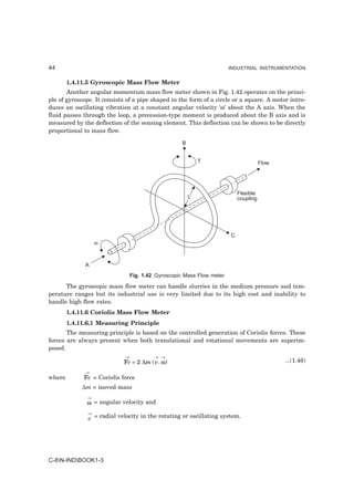 44                                                                      INDUSTRIAL INSTRUMENTATION


        1.4.11.5 Gyroscopic Mass Flow Meter
       Another angular momentum mass flow meter shown in Fig. 1.42 operates on the princi-
ple of gyroscope. It consists of a pipe shaped in the form of a circle or a square. A motor intro-
duces an oscillating vibration at a constant angular velocity ‘ω’ about the A axis. When the
fluid passes through the loop, a precession-type moment is produced about the B axis and is
measured by the deflection of the sensing element. This deflection can be shown to be directly
proportional to mass flow.

                                                     B


                                                             T                         Flow




                                                                            Flexible
                                                         L                  coupling




                                                                        C
                  ω



              A
                                 Fig. 1.42 Gyroscopic Mass Flow meter

      The gyroscopic mass flow meter can handle slurries in the medium pressure and tem-
perature ranges but its industrial use is very limited due to its high cost and inability to
handle high flow rates.
        1.4.11.6 Coriolis Mass Flow Meter
        1.4.11.6.1 Measuring Principle
       The measuring principle is based on the controlled generation of Coriolis forces. These
forces are always present when both translational and rotational movements are superim-
posed.
                             →            → →
                            Fc = 2 ∆m ( v . ω)                                                ...(1.46)
              →
where        Fc = Coriolis force
             ∆m = moved mass
              →
              ω = angular velocity and
              →
               v = radial velocity in the rotating or oscillating system.




C-8N-INDBOOK1-3
 