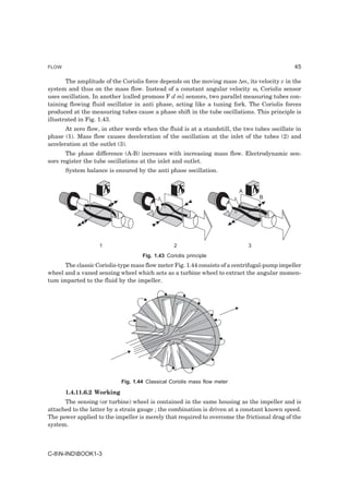 FLOW                                                                                          45

       The amplitude of the Coriolis force depends on the moving mass ∆m, its velocity v in the
system and thus on the mass flow. Instead of a constant angular velocity ω, Coriolis sensor
uses oscillation. In another [called promoss F d m] sensors, two parallel measuring tubes con-
taining flowing fluid oscillator in anti phase, acting like a tuning fork. The Coriolis forces
produced at the measuring tubes cause a phase shift in the tube oscillations. This principle is
illustrated in Fig. 1.43.
       At zero flow, in other words when the fluid is at a standstill, the two tubes oscillate in
phase (1). Mass flow causes deceleration of the oscillation at the inlet of the tubes (2) and
acceleration at the outlet (3).
       The phase difference (A-B) increases with increasing mass flow. Electrodynamic sen-
sors register the tube oscillations at the inlet and outlet.
       System balance is ensured by the anti phase oscillation.


                                                                           A
                                                                                   B




                   1                             2                             3
                                    Fig. 1.43 Coriolis principle
      The classic Coriolis-type mass flow meter Fig. 1.44 consists of a centrifugal-pump impeller
wheel and a vaned sensing wheel which acts as a turbine wheel to extract the angular momen-
tum imparted to the fluid by the impeller.




                            Fig. 1.44 Classical Coriolis mass flow meter

       1.4.11.6.2 Working
      The sensing (or turbine) wheel is contained in the same housing as the impeller and is
attached to the latter by a strain gauge ; the combination is driven at a constant known speed.
The power applied to the impeller is merely that required to overcome the frictional drag of the
system.



C-8N-INDBOOK1-3
 