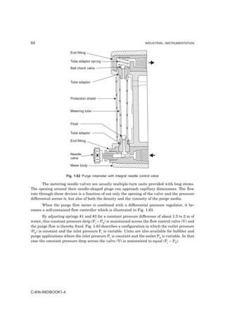64                                                                      INDUSTRIAL INSTRUMENTATION


                       End fitting

                       Tube adaptor spring

                       Ball check valve



                       Tube adaptor



                       Protection shield


                       Metering tube


                       Float

                       Tube adaptor

                       End fitting


                       Needle
                       valve

                       Meter body


                     Fig. 1.62 Purge rotameter with integral needle control valve

       The metering needle valves are usually multiple-turn units provided with long stems.
The opening around their needle-shaped plugs can approach capillary dimensions. The flow
rate through these devices is a function of not only the opening of the valve and the pressure
differential across it, but also of both the density and the viscosity of the purge media.
      When the purge flow meter is combined with a differential pressure regulator, it be-
comes a self-contained flow controller which is illustrated in Fig. 1.63.
        By adjusting springs #1 and #2 for a constant pressure difference of about 1.5 to 2 m of
water, this constant pressure drop (Pi – P0) is maintained across the flow control valve (V) and
the purge flow is thereby fixed. Fig. 1.63 describes a configuration in which the outlet pressure
(P0) is constant and the inlet pressure Pi is variable. Units are also available for bubbler and
purge applications where the inlet pressure Pi is constant and the outlet P0 is variable. In that
case the constant pressure drop across the valve (V) is maintained to equal (Pi – P0).




C-8N-INDBOOK1-4
 
