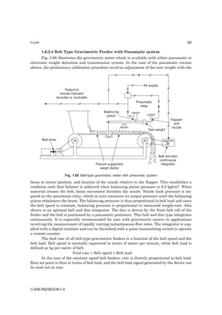 FLOW                                                                                                       69

       1.6.3.4 Belt Type Gravimetric Feeder with Pneumatic system
       Fig. 1.68 illustrates the gravimetric meter which is available with either pneumatic or
electronic weight detection and transmission system. In the case of the pneumatic version
shown, the preliminary calibration procedure involves adjustment of the tare weight with the



                                                                            Air supply
                          Output to
                      remote indicator
                    recorder or controller
                                                                       Pneumatic
                                                                         relay
                                                  Balancing
                                                   piston
                                                                                                 Flapper
                                                                                                   and
                                                                                                 nozzle
                                                                               Tare weight

       Belt drive



                                                                                         Ball and disc
                                                                                          continuous
                                             Flexure supported                             integrator
                                                weigh decks

                          Fig. 1.68 Belt-type gravimetric meter with pneumatic system

beam in center position, and location of the nozzle relative to the flapper. This establishes a
condition such that balance is achieved when balancing piston pressure is 0.2 kg/cm2. When
material crosses the belt, beam movement throttles the nozzle. Nozzle back pressure is im-
posed on the pneumatic relay, which in turn increases its output pressure until the balancing
piston rebalances the beam. The balancing pressure is thus proportional to belt load and since
the belt speed is constant, balancing pressure is proportional to measured weight-rate. Also
shown is an optional ball and disc integrator. The disc is driven by the front belt roll of the
feeder and the ball is positioned by a pneumatic positioner. This ball and disc type integrates
continuously. It is especially recommended for user with gravimetric meters in applications
involving the measurement of rapidly varying instantaneous flow rates. The integrator is sup-
plied with a digital totalizer and can be furnished with a pulse transmitting switch to operate
a remote counter.
       The feed rate of all belt-type gravimetric feeders is a function of the belt speed and the
belt load. Belt speed is normally expressed in terms of meter per minute, while belt load is
defined as kg per metre of belt.
                           Feed rate = Belt speed × Belt load
       In the case of the constant speed belt feeders, rate is directly proportional to belt load.
Rate set point is thus in terms of belt load, and the belt load signal generated by the device can
be read out as rate.




C-8N-INDBOOK1-4
 
