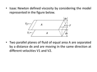 • Isaac Newton defined viscosity by considering the model
represented in the figure below.
• Two parallel planes of fluid of equal area A are separated
by a distance dx and are moving in the same direction at
different velocities V1 and V2.
 