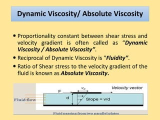 Dynamic Viscosity/ Absolute Viscosity
 Proportionality constant between shear stress and
velocity gradient is often called as “Dynamic
Viscosity / Absolute Viscosity”.
 Reciprocal of Dynamic Viscosity is “Fluidity”.
 Ratio of Shear stress to the velocity gradient of the
fluid is known as Absolute Viscosity.
 