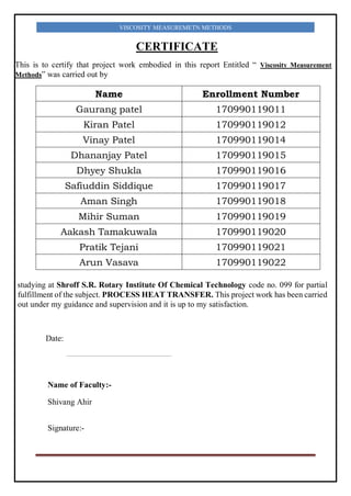 VISCOSITY MEASUREMETN METHODS
CERTIFICATE
This is to certify that project work embodied in this report Entitled “ Viscosity Measurement
Methods” was carried out by
Name Enrollment Number
Gaurang patel 170990119011
Kiran Patel 170990119012
Vinay Patel 170990119014
Dhananjay Patel 170990119015
Dhyey Shukla 170990119016
Safiuddin Siddique 170990119017
Aman Singh 170990119018
Mihir Suman 170990119019
Aakash Tamakuwala 170990119020
Pratik Tejani 170990119021
Arun Vasava 170990119022
studying at Shroff S.R. Rotary Institute Of Chemical Technology code no. 099 for partial
fulfillment of the subject. PROCESS HEAT TRANSFER. This project work has been carried
out under my guidance and supervision and it is up to my satisfaction.
Date:
Name of Faculty:-
Shivang Ahir
Signature:-
 