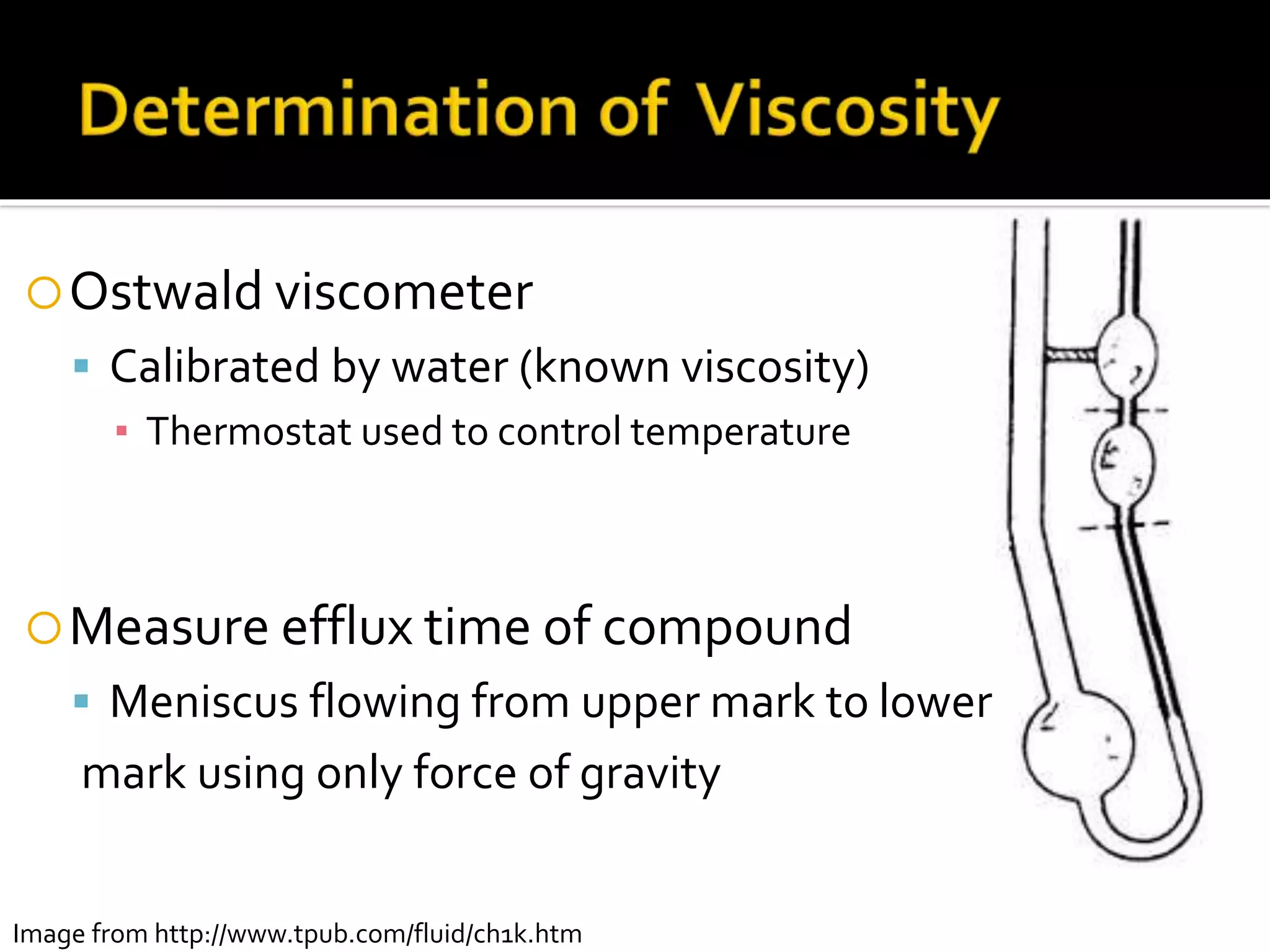 Ostwald viscometer
 Calibrated by water (known viscosity)
▪ Thermostat used to control temperature
Measure efflux time of compound
 Meniscus flowing from upper mark to lower
mark using only force of gravity
Image from http://www.tpub.com/fluid/ch1k.htm
 
