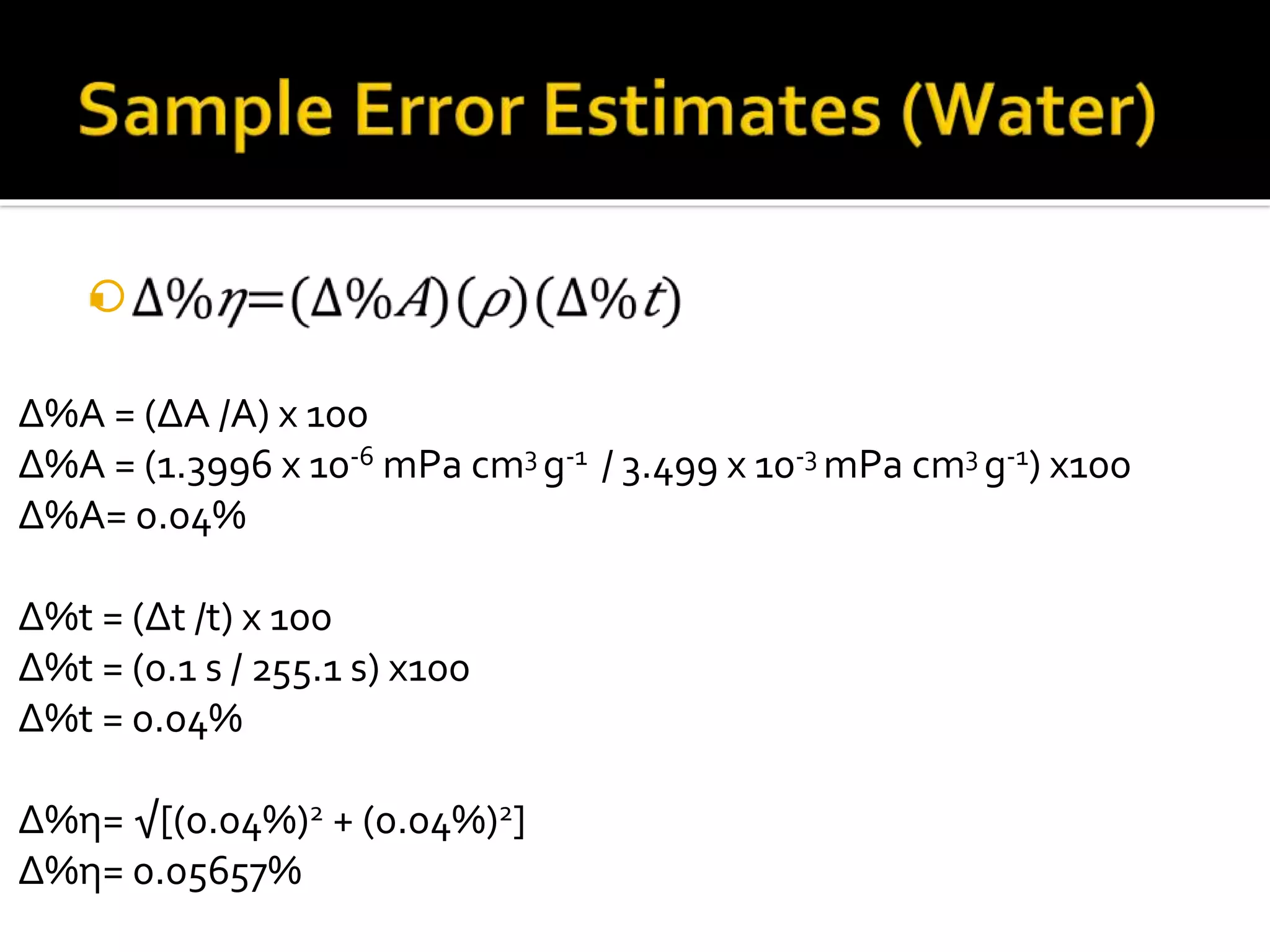 Δ%A = (ΔA /A) x 100
Δ%A = (1.3996 x 10-6 mPa cm3 g-1 / 3.499 x 10-3 mPa cm3 g-1) x100
Δ%A= 0.04%
Δ%t = (Δt /t) x 100
Δ%t = (0.1 s / 255.1 s) x100
Δ%t = 0.04%
Δ%η= √[(0.04%)2 + (0.04%)2]
Δ%η= 0.05657%

 