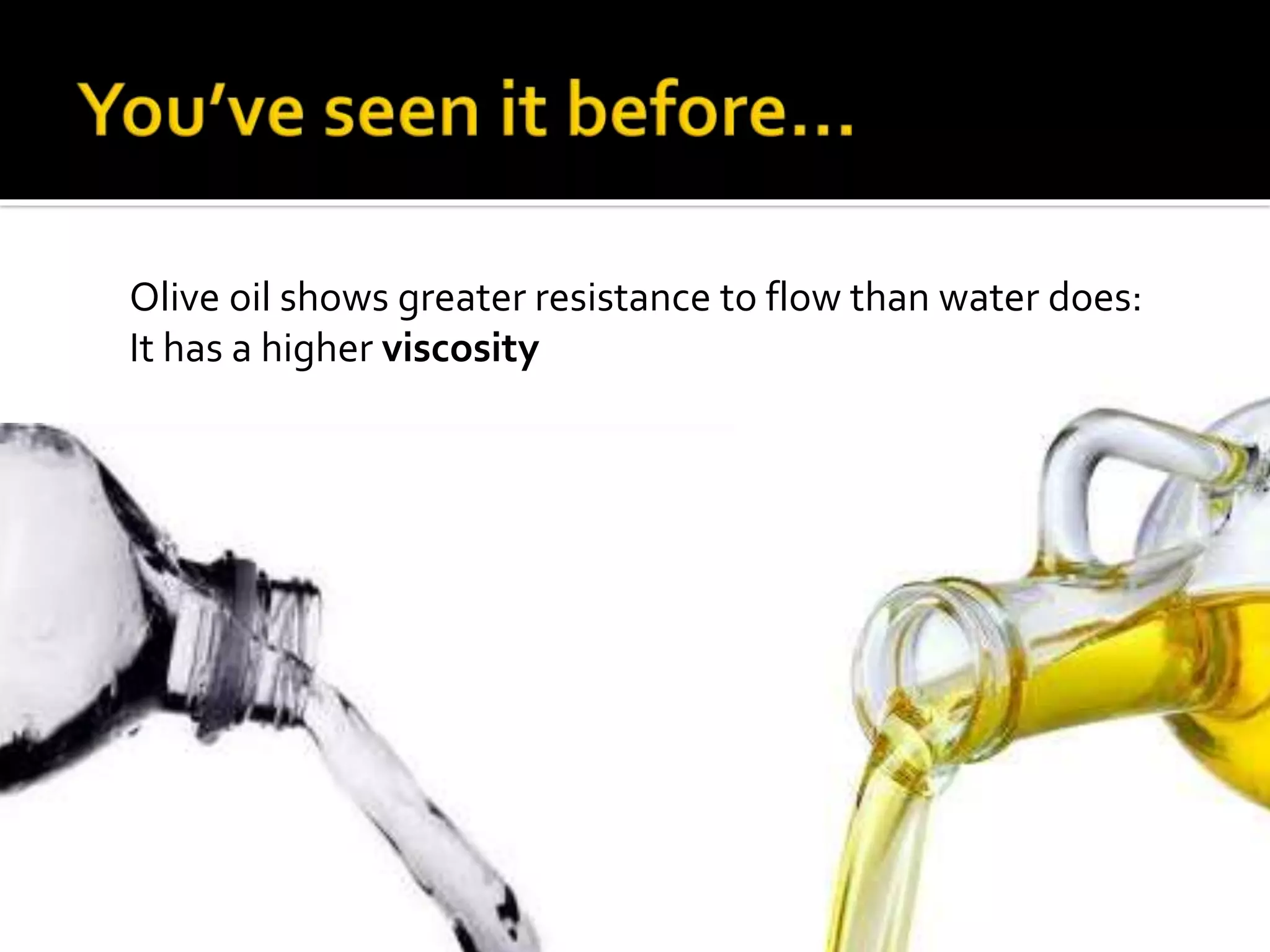 Olive oil shows greater resistance to flow than water does:
It has a higher viscosity
 