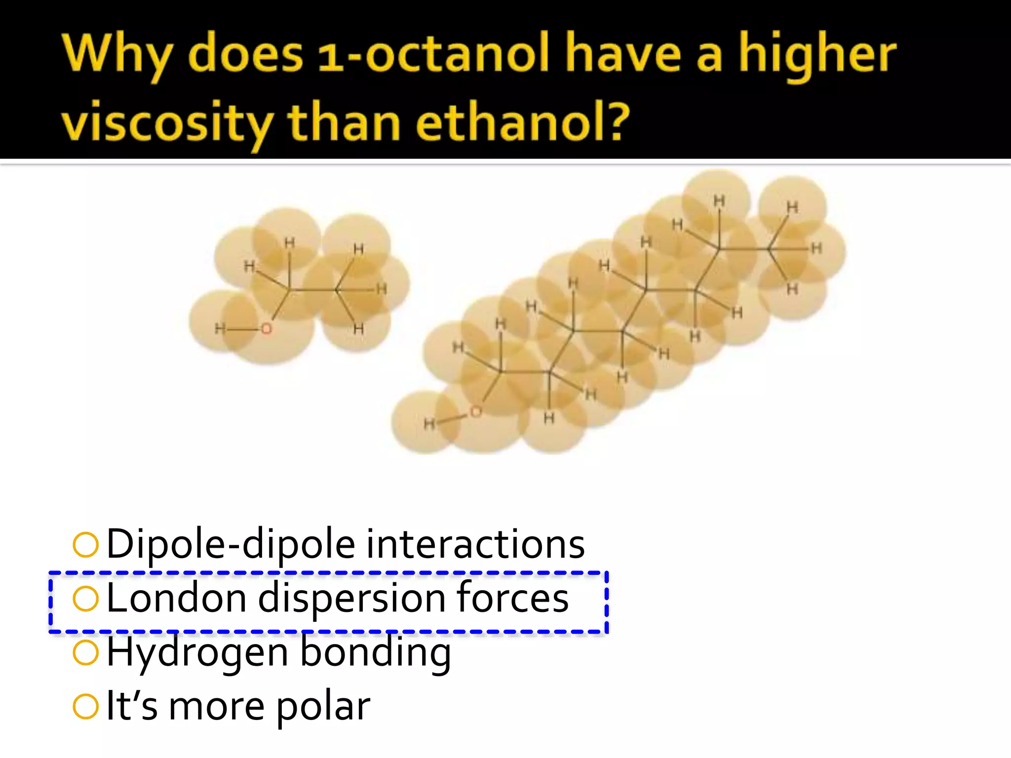 Dipole-dipole interactions
London dispersion forces
Hydrogen bonding
It’s more polar
 