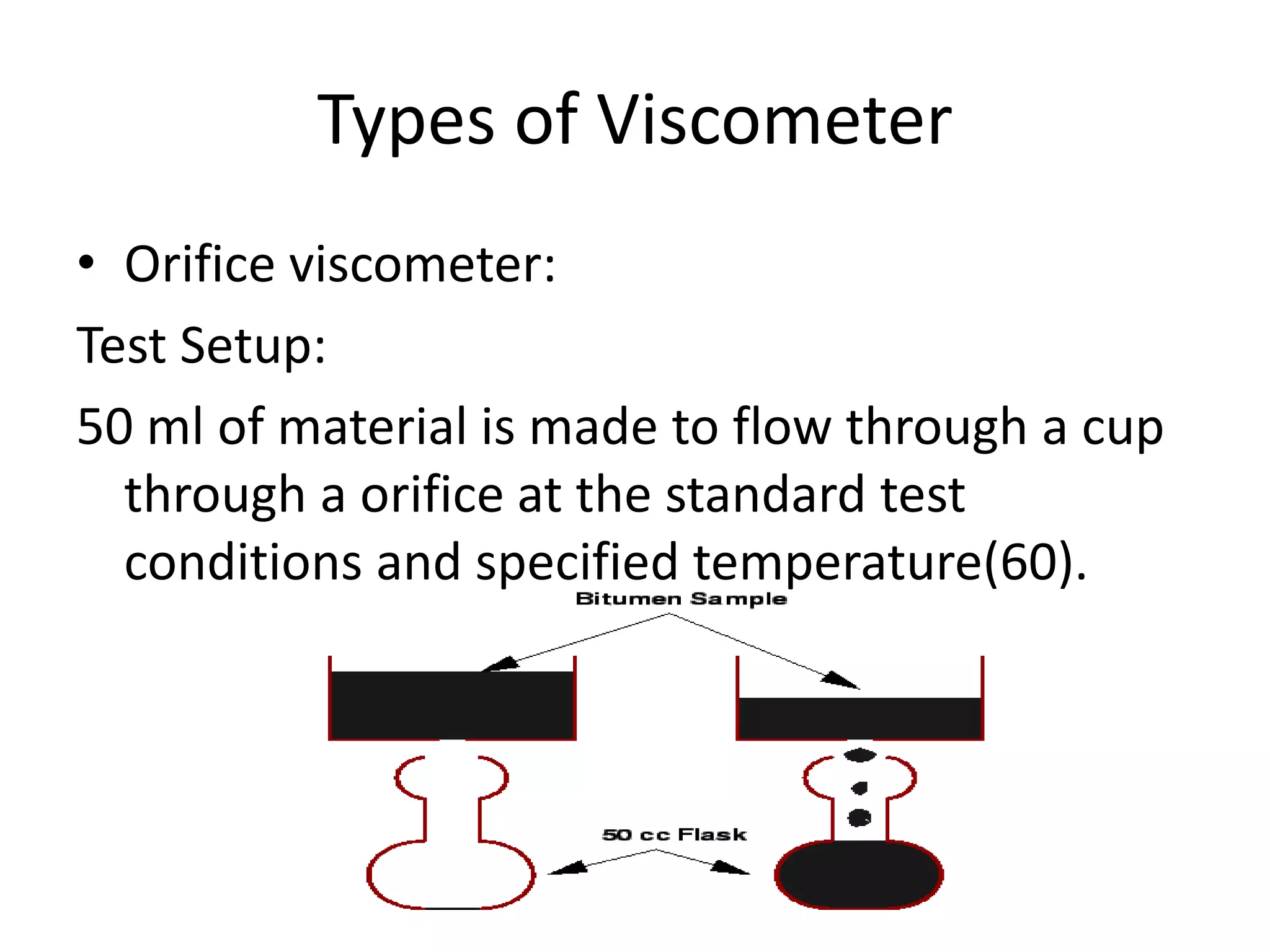Types of Viscometer
• Orifice viscometer:
Test Setup:
50 ml of material is made to flow through a cup
through a orifice at the standard test
conditions and specified temperature(60).
 