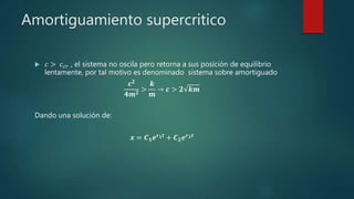 Amortiguamiento supercritico
 𝑐 > 𝑐 𝑐𝑟 , el sistema no oscila pero retorna a sus posición de equilibrio
lentamente, por tal motivo es denominado sistema sobre amortiguado
𝒄 𝟐
𝟒𝒎 𝟐
>
𝒌
𝒎
→ 𝒄 > 𝟐 𝒌𝒎
Dando una solución de:
𝒙 = 𝑪 𝟏 𝒆 𝒓 𝟏 𝒕 + 𝑪 𝟐 𝒆 𝒓 𝟐 𝒕
 