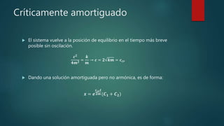 Críticamente amortiguado
 El sistema vuelve a la posición de equilibrio en el tiempo más breve
posible sin oscilación.
 Dando una solución amortiguada pero no armónica, es de forma:
𝒙 = 𝒆
𝒄 𝒄𝒓 𝒕
𝟐𝒎 (𝑪 𝟏 + 𝑪 𝟐)
𝒄 𝟐
𝟒𝒎 𝟐 =
𝒌
𝒎
→ 𝒄 = 𝟐 𝒌𝒎 = 𝒄 𝒄𝒓
 