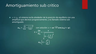 Amortiguamiento sub critico
 𝑐 < 𝑐 𝑐𝑟, el sistema oscila alrededor de la posición de equilibrio con una
amplitud que decrece progresivamente, y es llamado sistema sub
amortiguado
𝝎 𝒏 =
𝒌
𝒎
−
𝒄
𝟐𝒎
𝟐
con solución: 𝑥 = 𝒂𝒆−
𝒄
𝟐𝒎
𝒕
𝒔𝒆𝒏( 𝝎 𝒏 𝒕 + 𝝋)
𝝉 =
𝟐𝝅
𝝎 𝒏
=
𝝉
𝟏 −
𝒄
𝒄 𝒄𝒓
𝟐
𝝎 𝒏 𝟏 −
𝒄 𝟐
𝒄 𝒄𝒓
𝟐
 