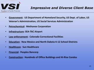 • Government: US Department of Homeland Security, US Dept. of Labor, US
Veteran’s Administration, US Social Services Administration
• Petrochemical: Methanex Corporation
• Infrastructure: SEA-TAC Airport
• Law enforcement: Colorado Correctional Facilities
• Education: New Mexico and North Dakota K-12 School Districts
• Healthcare: Sun Healthcare
• Financial: Peoples Bancorp
• Construction: Hundreds of Office Buildings and Hi-Rise Condos
Impressive and Diverse Client Base
15
 