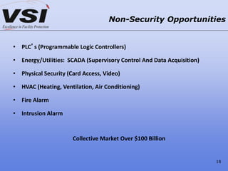 • PLC’s (Programmable Logic Controllers)
• Energy/Utilities: SCADA (Supervisory Control And Data Acquisition)
• Physical Security (Card Access, Video)
• HVAC (Heating, Ventilation, Air Conditioning)
• Fire Alarm
• Intrusion Alarm
Collective Market Over $100 Billion
Non-Security Opportunities
18
 