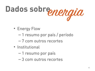 Dados sobre
• Energy Flow
– 1 resumo por país / período
– 7 com outros recortes
• Institutional
– 1 resumo por país
– 3 com outros recortes
45
energia
 