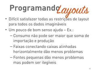 Programando
• Difícil satisfazer todas as restrições de layout
para todos os dados imagináveis
• Um pouco de bom senso ajuda – Ex.:
– Consumo não pode ser maior que soma de
importação e produção
– Faixas conectando caixas alinhadas
horizontalmente dão menos problemas
– Fontes pequenas dão menos problemas
mas podem ser ilegíveis
65
Layouts
 