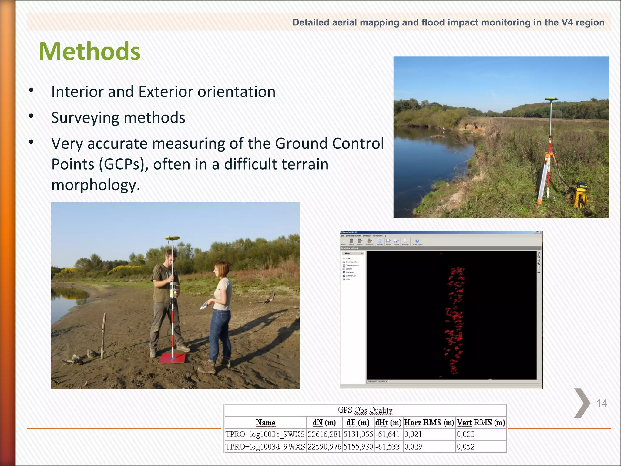 Detailed aerial mapping and flood impact monitoring in the V4 region

Methods
• Interior and Exterior orientation
• Surveying methods
• Very accurate measuring of the Ground Control
Points (GCPs), often in a difficult terrain
morphology.

14

 