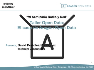 “VI Seminario Radio y Red”

Taller Open Data:
El caso de Aragón Open Data

Ponente,

David Portolés Rodríguez
Idearium Consultores

1

VI Seminario Radio y Red, Zaragoza, 21-22 de noviembre de 2013

 