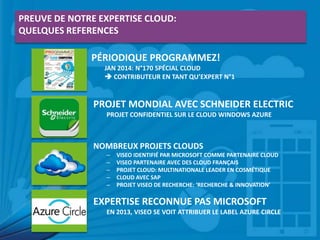 PREUVE DE NOTRE EXPERTISE CLOUD:
QUELQUES REFERENCES

PÉRIODIQUE PROGRAMMEZ!
JAN 2014: N°170 SPÉCIAL CLOUD
 CONTRIBUTEUR EN TANT QU’EXPERT N°1

PROJET MONDIAL AVEC SCHNEIDER ELECTRIC
PROJET CONFIDENTIEL SUR LE CLOUD WINDOWS AZURE

NOMBREUX PROJETS CLOUDS
–
–
–
–
–

VISEO IDENTIFIÉ PAR MICROSOFT COMME PARTENAIRE CLOUD
VISEO PARTENAIRE AVEC DES CLOUD FRANÇAIS
PROJET CLOUD: MULTINATIONALE LEADER EN COSMÉTIQUE
CLOUD AVEC SAP
PROJET VISEO DE RECHERCHE: ‘RECHERCHE & INNOVATION’

EXPERTISE RECONNUE PAS MICROSOFT
EN 2013, VISEO SE VOIT ATTRIBUER LE LABEL AZURE CIRCLE

 