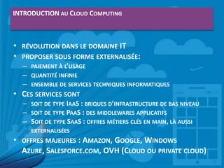 INTRODUCTION AU CLOUD COMPUTING

• RÉVOLUTION DANS LE DOMAINE IT
• PROPOSER SOUS FORME EXTERNALISÉE:
– PAIEMENT À L’USAGE
– QUANTITÉ INFINIE
– ENSEMBLE DE SERVICES TECHNIQUES INFORMATIQUES

• CES SERVICES SONT
– SOIT DE TYPE IAAS : BRIQUES D’INFRASTRUCTURE DE BAS NIVEAU
– SOIT DE TYPE PAAS : DES MIDDLEWARES APPLICATIFS
– SOIT DE TYPE SAAS : OFFRES MÉTIERS CLÉS EN MAIN, LÀ AUSSI
EXTERNALISÉES

• OFFRES MAJEURES : AMAZON, GOOGLE, WINDOWS
AZURE, SALESFORCE.COM, OVH (CLOUD OU PRIVATE CLOUD)

 