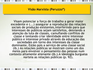 Visam potenciar a força de trabalho a gerar maior excedente e (...) assegurar a reprodução das relações sociais de produção existentes,interferindo para que interesses de públicos sejam satisfeitos, desviando a atenção da luta de classes, camuflando conflitos de classe e tentando criar identidade entre interesse público e interesse privado através da educação das sociedades em torno dos interesses da classe dominante. Estão pois a serviço de uma classe social (ib.) As relações públicas se mostram como um dos meios para envolver o pensamento das pessoas num contexto altamente alienante (ib.).A ideologia burguesa norteia as relações públicas (p. 92). Visão Marxista (Peruzzo*) 