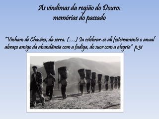 As vindimas da região do Douro:
memórias do passado
“Vinham de Chavães, da serra. (…) Ia celebrar-se ali festeiramente o anual
abraço amigo da abundância com a fadiga, do suor com a alegria” p.31
 
