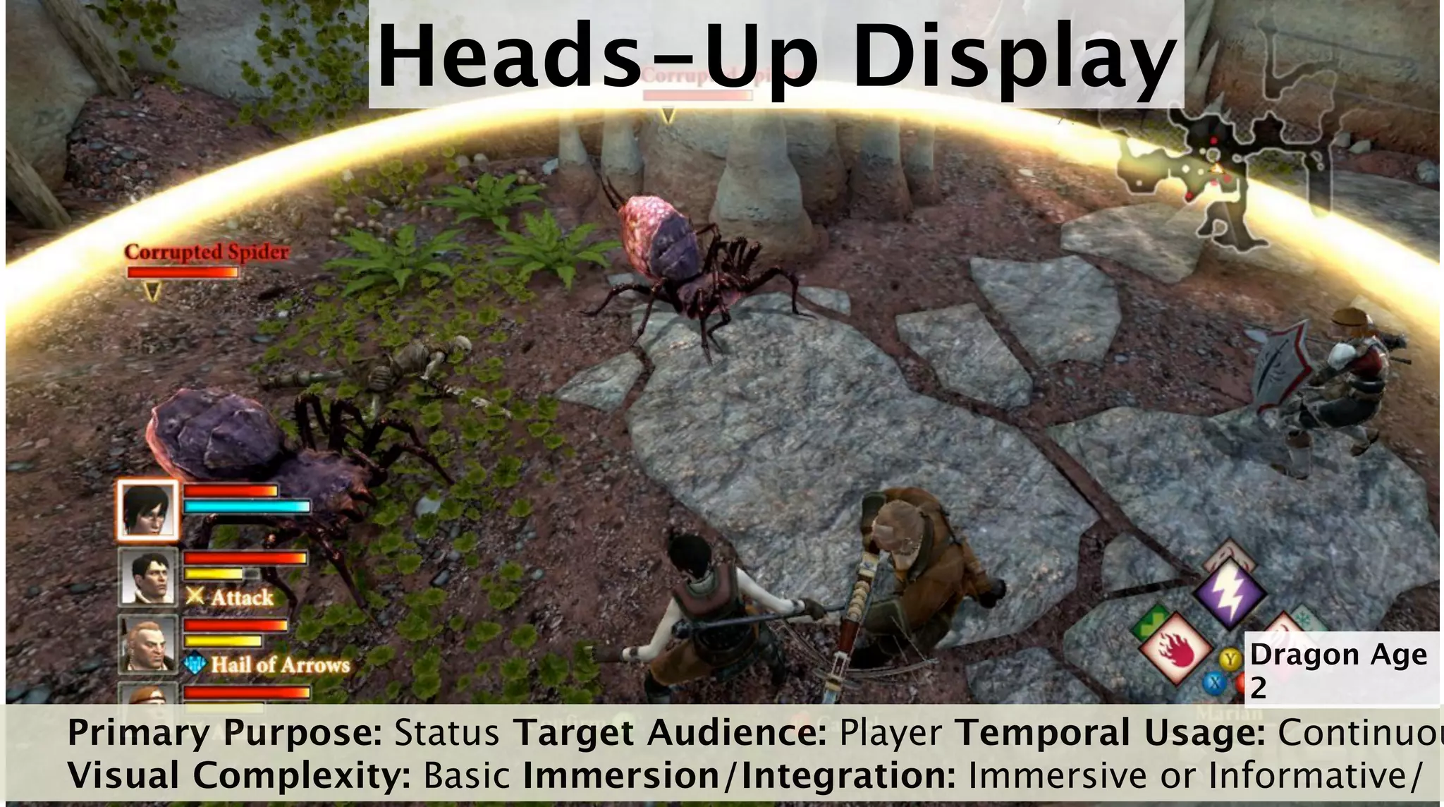 Heads-Up Display




                                                             Dragon Age
                                                             2
Primary Purpose: Status Target Audience: Player Temporal Usage: Continuou
Visual Complexity: Basic Immersion/Integration: Immersive or Informative/
 