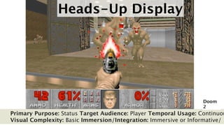 Heads-Up Display




                                                                 Doom
                                                                 2
Primary Purpose: Status Target Audience: Player Temporal Usage: Continuou
Visual Complexity: Basic Immersion/Integration: Immersive or Informative/
 