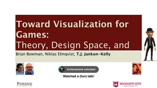 “Visualizing NFL football games,” http://www. [60] ——, Mass Effect 2. Electronic Arts, 2010.
   aculty/healey/NFL viz/, 2008.                         [61] Maxis, Spore. Electronic Arts, 2008.
nd A. Canossa, “Towards gameplay analysis via [62] Splash Damage, Wolfenstein: Enemy Territory. Activision, 2003.
  rics,” in Proceedings of the International MindTrek [63] Visceral Games, Dead Space 2. Electronic Arts, 2011.
09, pp. 202–209.                                         [64] Blizzard, World of Warcraft. Blizzard, 2004.
   ttp://www.mochibot.com/.                              [65] Valve Corporation, Steam. Valve Corporation, 2003.
   atistics & tracking,” http://nonoba.com/ [66] Bungie, Inc., Halo: Reach. Microsoft Game Studios, 2010.
 atistics.                                               [67] EA Canada, FIFA 10. EA Sports, 2009.
http://playtomic.com/.                                   [68] Treyarch, Call of Duty: World at War. Activision, 2008.
  ocial analytics,” http://www.kontagent.com/.           [69] MicroProse, Civilization. MicroProse, 1991.
  V. Gunn, E. Schuh, B. Phillips, R. J. Pagulayan, [70] Firaxis Games, Civilization III. Infogrames, 2001.
  AND COMPUTER GRAPHICS, VOL. XX, NO. Y, MONTH 2012                                                      14
  on, “Tracking real-time user experience (TRUE): [71] Bullfrog, Populous. Electronic Arts, 1989.
  ive instrumentation solution for complex sys- [72] ——, Populous II: Trials of the Olympian Gods. EA, 1991.
  eedings of the ACM Conference on Human Factors [73] id Software, Wolfenstein 3D. Apogee Software, 1992.
 otball games,” http://www.
 Systems, 2008, pp. 443–452.         [60] ——, Mass Effect 2. ——, Doom. Arts, 2010.
                                                         [74]    Electronic id Software, 1993.




                                    Toward Visualization for
  ools, “Telemetry proﬁling system,” Maxis,http: [75] Westwood Studios, Dune II: Battle for Arrakis. Virgin, 1992.
      viz/, 2008.                    [61] 2010, Spore. Electronic Arts, 2008.
   metools.com/telemetry.htm. [62] Splash Damage, Wolfenstein: Enemy Territory. Humans. Blizzard, 1994.
wards gameplay analysis via                              [76] Blizzard, Warcraft: Orcs & Activision, 2003.
  logging: Data collection on the high seas,” Games, Dead Space 2. Electronic Arts, 2011.
    of the International MindTrek    [63] Visceral in [77] ——, StarCraft. Blizzard, 1998.
  the Game Developers Conference, 2007. Blizzard, World of Warcraft. Blizzard, 2004.of Liberty. Blizzard, 2010.
                                     [64]                [78] ——, StarCraft II: Wings
  , S. Shodhan, and M. Twardos, [65] Valve Corporation, S2 Games, Heroes of Newerth. 2003. Games, 2010.
 ot.com/.                             “Spore API: ac- [79] Steam. Valve Corporation, S2
  ue database of player creativity,” in SIGGRAPH Halo: Reach. Microsoft of Camelot. Mythic Entertainment, 2001.
  ng,” http://nonoba.com/            [66] Bungie, Inc., [80] Mythic, Dark Age Game Studios, 2010.
                                     [67] EA Canada, FIFA 10. EA Sports, 2009.
                                                         [81] ——, Warhammer Online: Age of Reckoning. EA Games, 2008.
 m/. data,” http://thevioletpiece.com/spore/. [82] CCP Games, War. Online. CCP Games, 2003.
  Spore                              [68] Treyarch, Call of Duty: World at EVE Activision, 2008.
 d M. Masuch, “Action summary forMicroProse, Civilization. MicroProse, 1991. 11. EA Sports, 2010.
p://www.kontagent.com/.              [69] computer [83] EA Tiburon, Madden NFL




                                    Games:
   B. Phillips, R.spectator modes and summaries,” [84] MicroProse, Formula One Grand Prix. MicroProse, 1992.
   ing action for J. Pagulayan,      [70] Firaxis Games, Civilization III. Infogrames, 2001.
  methe International Conference on Application and [85] Criterion Games, Need for Speed: Hot Pursuit. EA Games, 2010.
   of user experience (TRUE):        [71] Bullfrog, Populous. Electronic Arts, 1989.
     Computer for complex pp. 124–132. ——, Populous[86]Trials of the Olympian Gods. EA, 1991.1996.
      solution Games, 2003, sys-     [72]                 II: id Software, Quake. GT Interactive,
G. Humphreys, and M. Agrawala, “Visualizing Wolfenstein 3D. Dragon Age II. Electronic Arts, 2011.
 Conference on Human Factors         [73] id Software, [87] Bioware, Apogee Software, 1992.
                                     [74] ——, Doom. [88] Blizzard North, Diablo II. Blizzard, 2001.
43–452. in multi-user virtual environments,” in id Software, 1993.
ehaviors
    the IEEE Conference on Visualization, 2004, pp. Studios,Inﬁnity Ward, Call of Duty: Modern Warfare 2. Activision, 2009.
  oﬁling system,” 2010, http:        [75] Westwood       [89] Dune II: Battle for Arrakis. Virgin, 1992.
 etry.htm.                           [76] Blizzard, Warcraft: Orcs & Battleﬁeld: Bad Company 2. Electronic Arts, 2010.
                                                         [90] DICE, Humans. Blizzard, 1994.
 ction on the highIeronutti, “VU-Flow: A StarCraft. Blizzard, 1998. Fit. Nintendo, 2007.
   . Ranon, and L. seas,” in         [77] ——, visu- [91] Nintendo, Wii




                                    Theory, Design Space, and
     for analyzing navigation in virtual environ-
   Conference, 2007.                 [78] ——, StarCraft II: Wings of Liberty. Blizzard, 2010.
M. Twardos, on Visualization and Computer Graph- Heroes of Newerth. S2 Games, 2010.
 Transactions “Spore API: ac-        [79] S2 Games,
 er6, pp. 1475–1485, Nov./Dec. 2006. Mythic, Dark Age of Camelot. Mythic Entertainment, 2001.
   . creativity,” in SIGGRAPH        [80]
  s and K. Iizuka, “Visualization[81]online-game
                                      of ——, Warhammer Online: Age of Reckoning. EA Games, 2008.
    on their action behaviors,”
/thevioletpiece.com/spore/. International Journal EVE Online. CCP Games, 2003.
                                     [82] CCP Games,                              Brian Bowman is a senior undergraduate
  ion Technology, 2008.
 amessummary for computer            [83] EA Tiburon, Madden NFL 11. EA Sports, 2010.Computer Engineering at Purdue
                                                                                  student in
  s, M. Kurashige, and K.-T. Chen, “Detection of Formula One Grand Prix.University in West Lafayette, IN, USA. He will
ator modes and summaries,”           [84] MicroProse,                                 MicroProse, 1992.
    clustering of online-game players,” International
Conference on Application and        [85] Criterion Games, Need for Speed: Hot Pursuit. EA Games, 2010. in Spring 2012.
                                                                                  be graduating from Purdue
ual Reality, vol. 6, no. 3, pp. 11–16, 2007.Software, Quake. GT Interactive, He is a member of IEEE-HKN. He probably
003, pp. 124–132.                    [86] id                                       1996.
  A. Brown, and P. Drennan, “The[87] Bioware, Dragon Age II. Electronic Arts, 2011.
    M. Agrawala, “Visualizing         gameplay visu-                              plays too many video games.

                                    Brian Bowman, Niklas Elmqvist, T.J. Jankun-Kelly
  er virtual environments,” in and visualization
  festo: a framework for logging [88] Blizzard North, Diablo II. Blizzard, 2001.
 eeplay data,” Computers in Entertainment, vol.Ward, Call of Duty: Modern Warfare 2. Activision, 2009.
      on Visualization, 2004, pp.    [89] Inﬁnity 5,
                                     [90] DICE, Battleﬁeld: Bad Company 2. Electronic Arts, 2010.
 ayer dossiers: Analyzing gameplay data as a re-Wii Fit. Nintendo, 2007.
  ronutti, “VU-Flow: A visu-         [91] Nintendo,
  igation in virtual environ- Research, vol. 11,
  tional Journal of Computer Game
11.lization and Computer Graph-
os, F. Kivran-Swaine, and M. Naaman, “Playable
 Nov./Dec. 2006.
  rizing the design space of game-y infographics,”
Visualization of online-game
  aviors,” ACM Conference on Human Factors in
     of the International Journal
                                                              Brian Bowman is Niklas Elmqvist is an assistant professor
                                                                                    a senior undergraduate
   tems, 2011.
  8.
 “Leaderboards “Detection of                                  student in Computer Engineering at Purdue
                                                                                  in the School of Electrical and Computer
  d K.-T. Chen, can suck it! ﬁve better ideas for             University in West Lafayette, IN, USA. He willUniversity in West
                                                                                  Engineering at Purdue
  me data,” in Proceedings of
 -game players,” Internationalthe Game Developers
10.3, pp. 11–16, 2007.                                        be graduating fromLafayette,inIN, USA. He was previously a
                                                                                     Purdue    Spring 2012.
o.                                                            He is a member ofpostdoctoral He probablyat INRIA in Paris,
                                                                                    IEEE-HKN. researcher
     M. Wattenberg, “Stacked graphs - geometry
  ennan, “The gameplay visu-
    IEEE Transactions on Visualization and Computer           plays too many video games.
                                                                                  France. He received his Ph.D. in 2006
  or logging and visualization                                                    from Chalmers University of Technology in
 14, no. Entertainment, vol. 5,
  ters in   6, pp. 1245–1252, 2008.
  amers mimic the season’s ups and downs,” The                                       ¨
                                                                                  Goteborg, Sweden. He is a member of the
   s, Feb. 2011.                                                                  IEEE and the Computer Society. In another
   zing gameplay data as a re-                                                    life, he is a wizard, assassin, or knight in
dputer Game Research,structure of the information
     J. Mackinlay, “The vol. 11,
                                                                                  whatever game currently takes his fancy.
design space,” in Proceedings of the IEEE Sympo-
,ation M. Naaman, “Playable 92–99.
  and Visualization, 1997, pp.
ologie graphique: Les diagrammes - Les r´seaux - Les
                                        e
                                                                                                                                 Watched a (fun) talk!
ace of game-y infographics,”
rance, on Human Factors in
 rence  1967.
   S. Ishakawa, and M. Silverstein, A Pattern              Niklas Elmqvist is an assistant professor
ns, Buildings,better ideas for New York: Oxford                              T.J. Jankun-Kelly is an associate Professor
                                                           in the School of Electrical and Computer
suck it! ﬁve Construction.
 ss, 1977.
dings of the Game Developers                               Engineering at Purdue University in West engineering within
                                                                             of computer science and
m, http://www.machinima.com/.                              Lafayette, IN, USA. He was previously a College of En-
                                                                             the James Worth Bagley
                                                                             gineering, Mississippi State University, MS,
                                                           postdoctoral researcher at INRIA in Paris,
Stacked graphs - geometry
n Visualization and Computer                               France. He received his Ph.D. in 2006at at the intersec-
                                                                             USA. His research lies
 