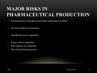 MAJOR RISKS IN
PHARMACEUTICAL PRODUCTION
 Contamination of products (microbial, particulate or other)
 Incorrect labels on containers
 Insufficient active ingredient

 Excess active ingredient
 Poor quality raw materials
 Poor formulation practices

VISH

8 February 2014

4

 