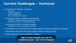 Current Challenges – Technical
• Increasing CPU design complexity
    –   Multi core
    –   Chipset integration
    –   Power Management
    –   New technology like security

•   Increasingly bulky validation environment
    –   Increase in development and maintenance cost
    –   Environment bugs >= Logic design bugs

•   Increasing number of product variants
    –   Validation is not as incremental as design

•   Increasing micro-architectural coverage space increases probability of escapes
•   Decreasing simulation/emulation speed limits pre-silicon cycles
•   Legacy features and compatibility validation

                          High volumes magnify the cost of a
                           High volumes magnify the cost of a
6
                       validation escape – can not let it happen!
                       validation escape – can not let it happen!
 