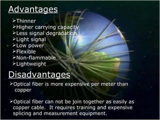 Advantages
Thinner
Higher carrying capacity
Less signal degradation
Light signal
Low power
Flexible
Non-flammable
Lightweight
Disadvantages
Optical fiber is more expensive per meter than
copper
Optical fiber can not be join together as easily as
copper cable. It requires training and expensive
splicing and measurement equipment.
 