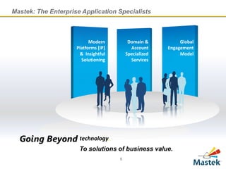 Main Heading Goes here
Mastek: The Enterprise Application Specialists
re


                            Modern          Domain &          Global
                      Platforms [IP]         Account     Engagement
                       & Insightful        Specialized        Model
                        Solutioning          Services




                       technology.
                       To solutions of business value.
                                       5
 