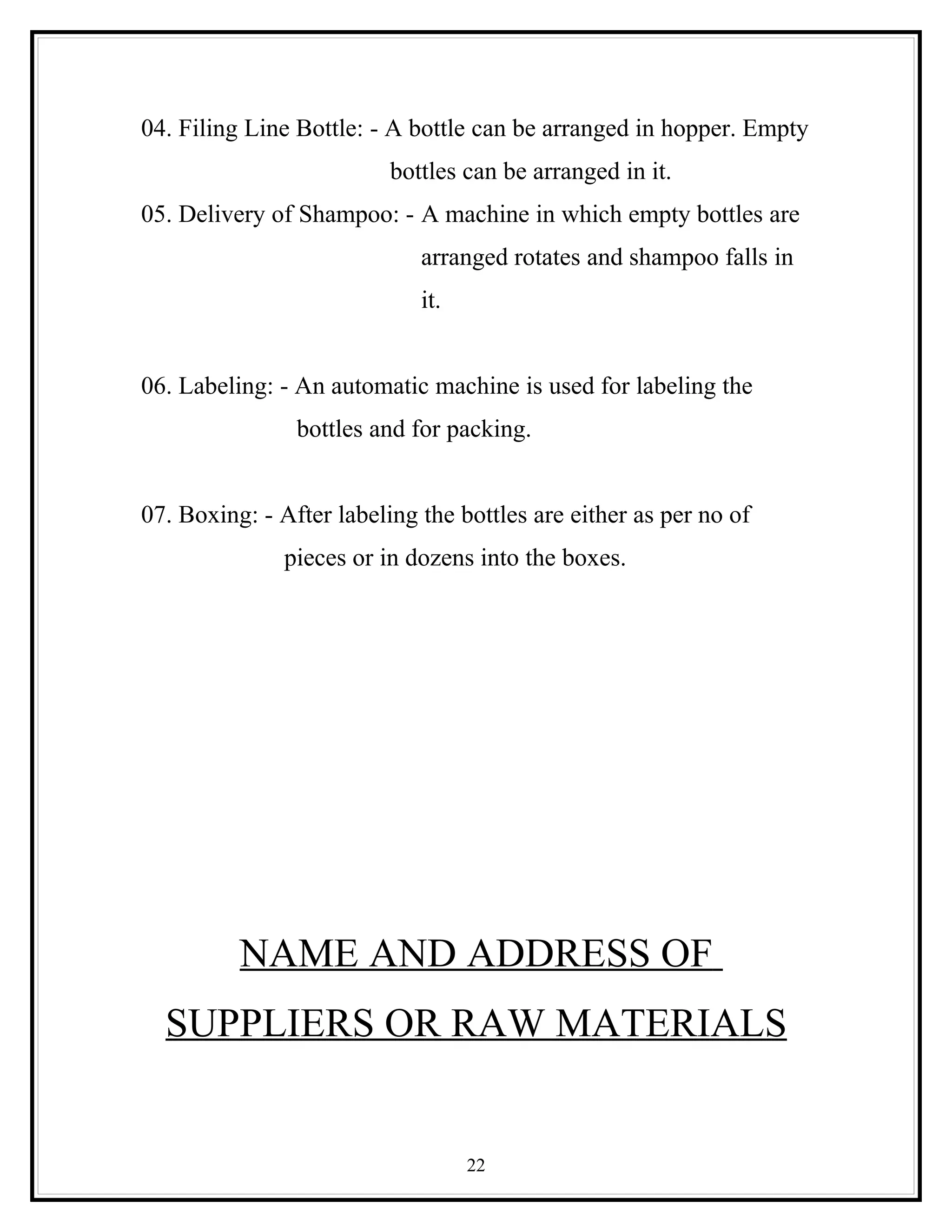04. Filing Line Bottle: - A bottle can be arranged in hopper. Empty
                          bottles can be arranged in it.
05. Delivery of Shampoo: - A machine in which empty bottles are
                             arranged rotates and shampoo falls in
                             it.


06. Labeling: - An automatic machine is used for labeling the
                bottles and for packing.


07. Boxing: - After labeling the bottles are either as per no of
               pieces or in dozens into the boxes.




          NAME AND ADDRESS OF
  SUPPLIERS OR RAW MATERIALS


                                   22
 