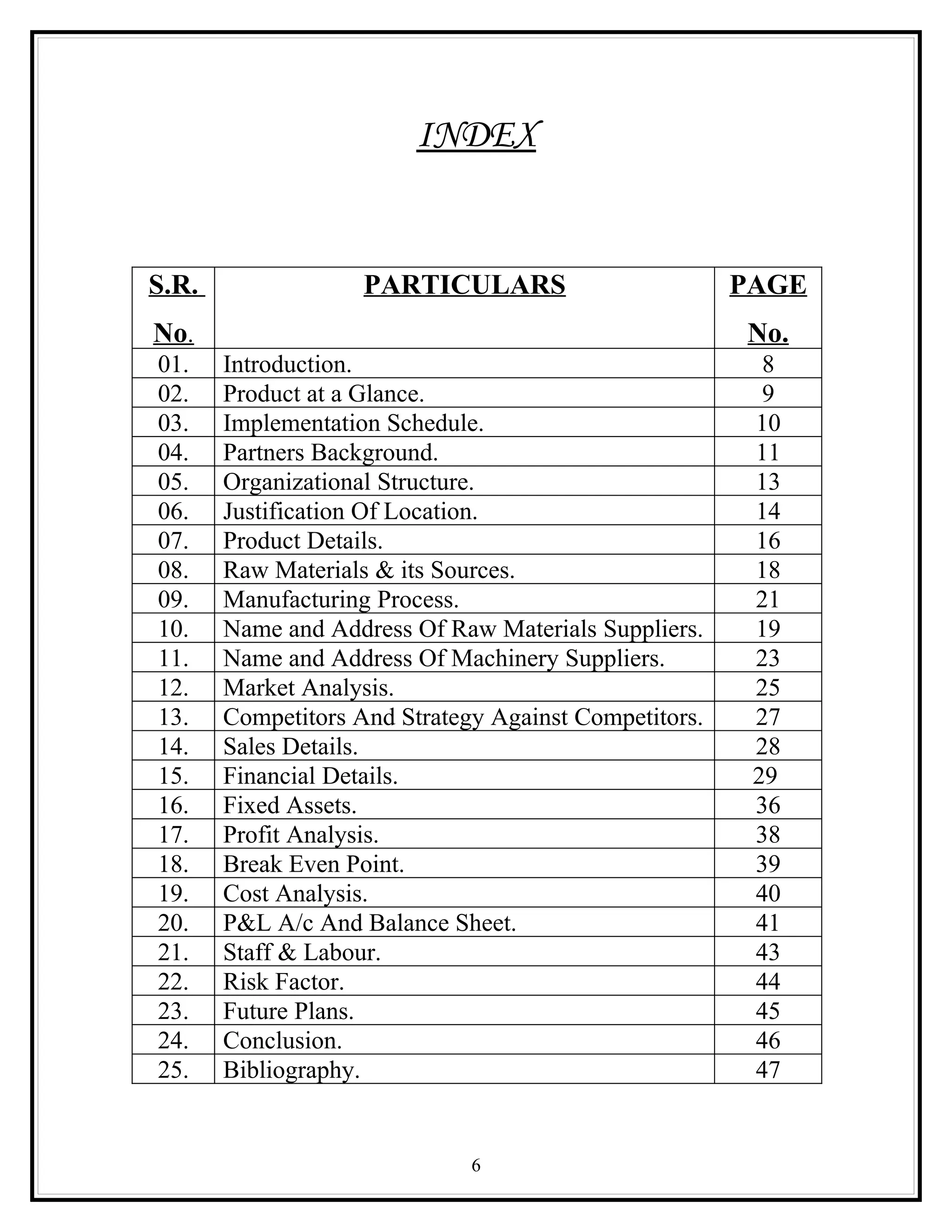 INDEX


S.R.                PARTICULARS                        PAGE
No.                                                    No.
01.    Introduction.                                     8
02.    Product at a Glance.                              9
03.    Implementation Schedule.                         10
04.    Partners Background.                             11
05.    Organizational Structure.                        13
06.    Justification Of Location.                       14
07.    Product Details.                                 16
08.    Raw Materials & its Sources.                     18
09.    Manufacturing Process.                           21
10.    Name and Address Of Raw Materials Suppliers.     19
11.    Name and Address Of Machinery Suppliers.         23
12.    Market Analysis.                                 25
13.    Competitors And Strategy Against Competitors.    27
14.    Sales Details.                                   28
15.    Financial Details.                               29
16.    Fixed Assets.                                    36
17.    Profit Analysis.                                 38
18.    Break Even Point.                                39
19.    Cost Analysis.                                   40
20.    P&L A/c And Balance Sheet.                       41
21.    Staff & Labour.                                  43
22.    Risk Factor.                                     44
23.    Future Plans.                                    45
24.    Conclusion.                                      46
25.    Bibliography.                                    47


                              6
 