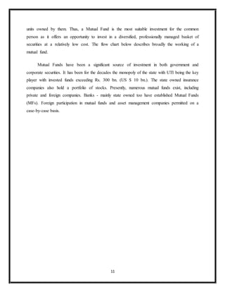 11
units owned by them. Thus, a Mutual Fund is the most suitable investment for the common
person as it offers an opportunity to invest in a diversified, professionally managed basket of
securities at a relatively low cost. The flow chart below describes broadly the working of a
mutual fund.
Mutual Funds have been a significant source of investment in both government and
corporate securities. It has been for the decades the monopoly of the state with UTI being the key
player with invested funds exceeding Rs. 300 bn. (US $ 10 bn.). The state owned insurance
companies also hold a portfolio of stocks. Presently, numerous mutual funds exist, including
private and foreign companies. Banks - mainly state owned too have established Mutual Funds
(MFs). Foreign participation in mutual funds and asset management companies permitted on a
case-by-case basis.
 