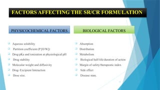14
FACTORS AFFECTING THE SR/CR FORMULATION
PHYSICOCHEMICAL FACTORS
 Aqueous solubility
 Partition coefficient (P [O/W])
 Drug pKa and ionization at physiological pH
 Drug stability
 Molecular weight and diffusivity
 Drug–Excipient Interaction
 Dose size.
BIOLOGICAL FACTORS
 Absorption
 Distribution
 Metabolism
 Biological half-life/duration of action
 Margin of safety/therapeutic index
 Side effect
 Disease state.
 